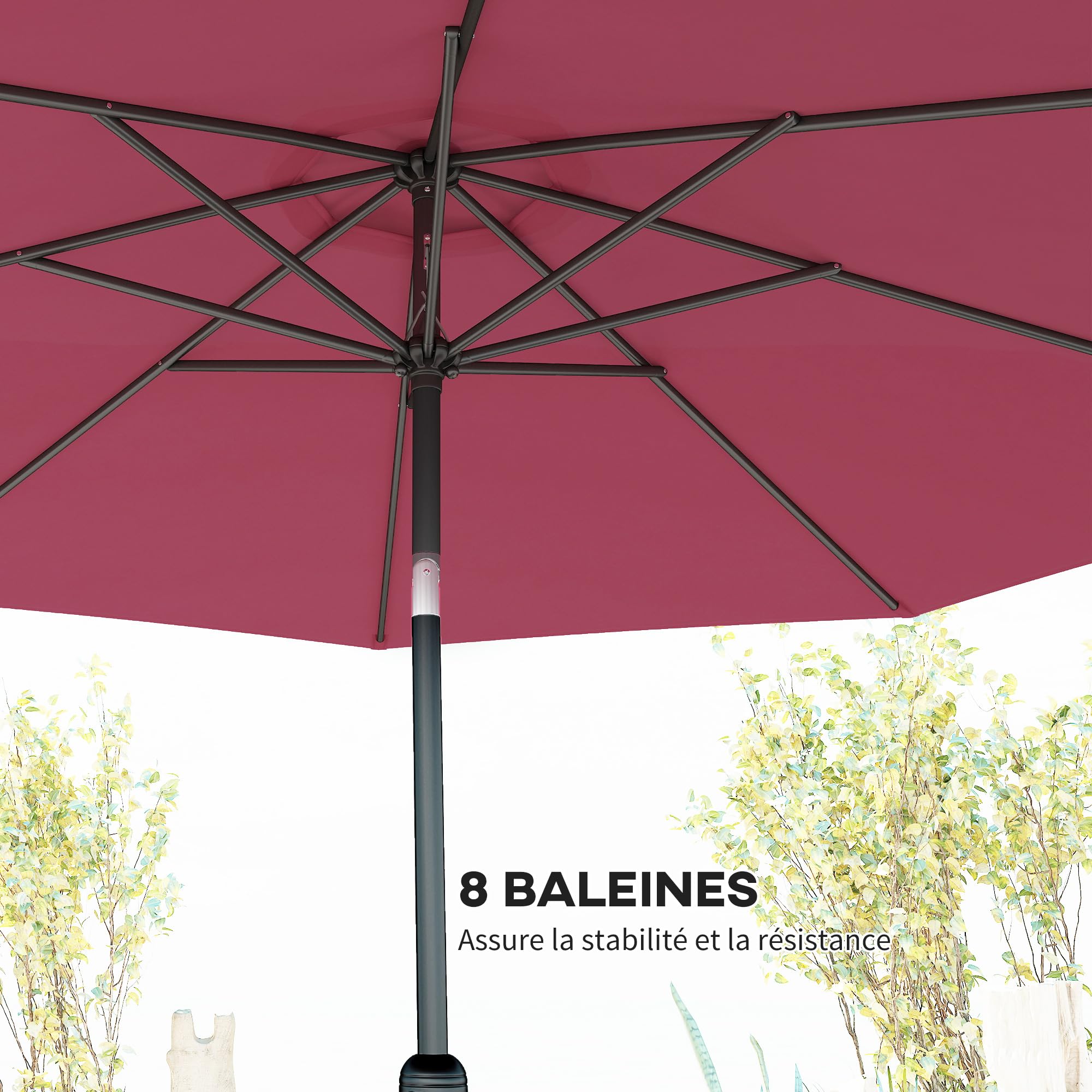 Outsunny Parasol de jardin extérieur Parasol droit inclinable Ø 3 m en métal Rond Polyester 180g/m² manivelle inclinable Bordeaux