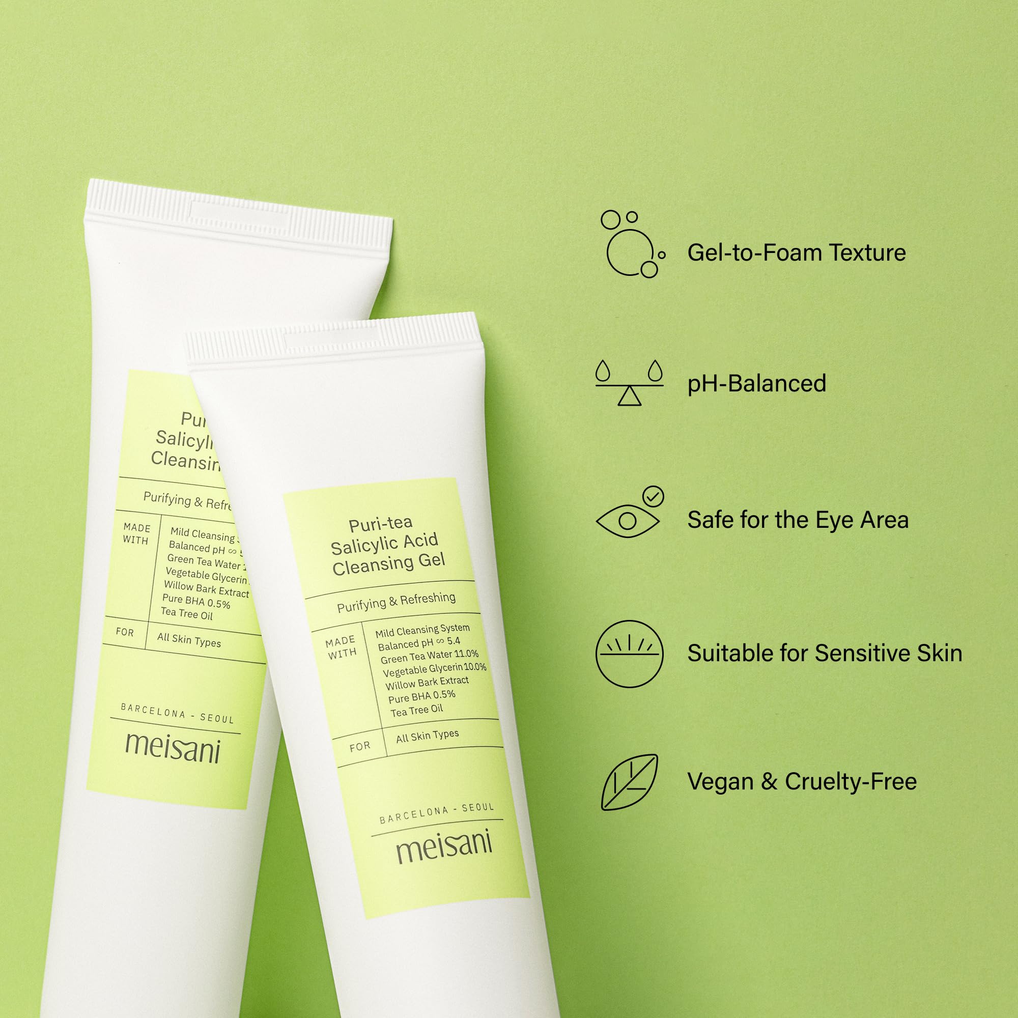 Meisani Puri-Tea Salicylic Acid Cleansing Gel, Nettoyant vegan, sans sulfate et au pH équilibré, 150ml