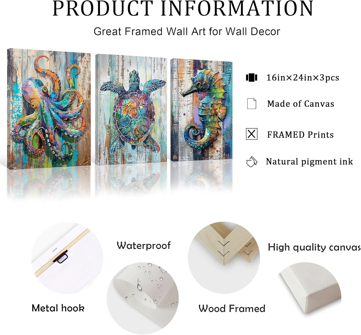 PicturePerfect Decor Marine Life Wall Art Watercolor Octopus Turtle Seahorse Wall Decoration Beach Green Bathroom Picture Print Animal Wall Art Coastal Painting Artwork 16x24 Inch 3 Piece Set