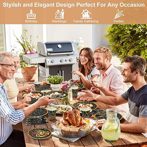 Miniatura 7 de Suministros de fiesta de papel blanco y dorado, 200 platos de papel blanco, servilletas y tazas, platos de papel de aluminio con borde dorado de