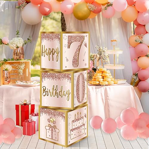 Miniatura 5 de Guiruiy 3 cajas de decoración de cumpleaños número 70 para mujer, cajas de globos de cumpleaños de 70 años rosa dorado rosa para suministros de