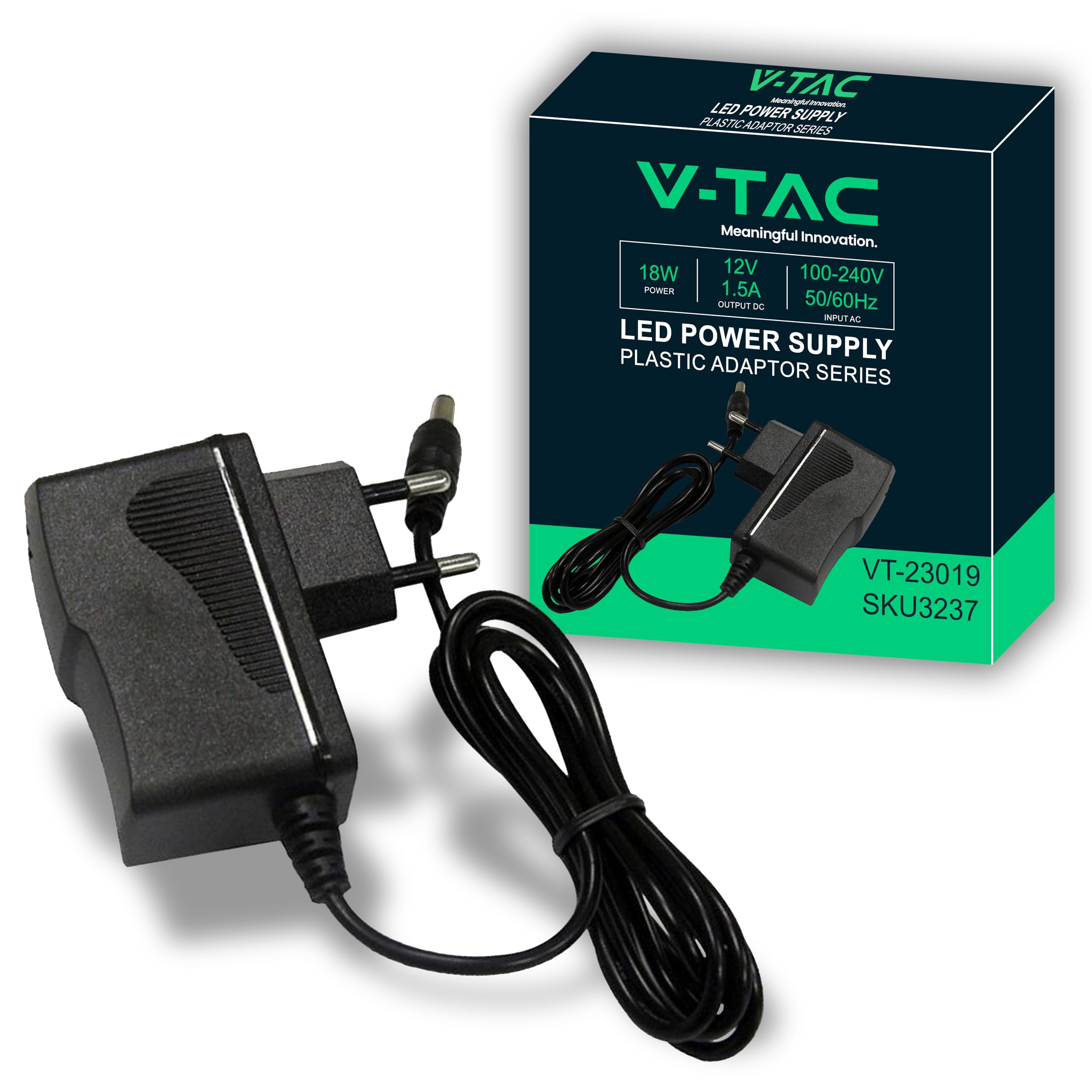 V-TAC Zasilacz 12 V 18 W, 1,5 A do kamer, taśmy LED, modem - transformator 12 V Plug&Play z wtyczką domową do ekranów i urządzeń elektronicznych - Wejście AC 100-240 V - 50/60 Hz