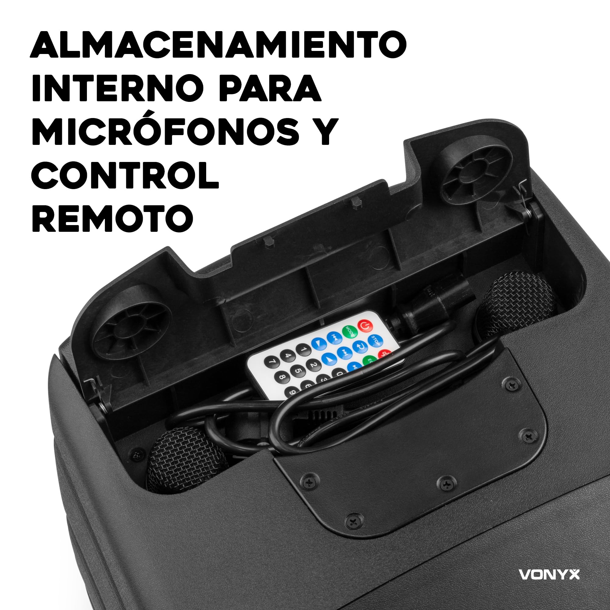 Vonyx VSP200 Altavoz Autoamplificado 200W con Batería, Bluetooth, Radio FM, USB/SD, Reproductor MP3 y 2 Micrófonos Inalámbricos – Sonido Portátil Recargable Ideal para Eventos, Fiestas o Exterior