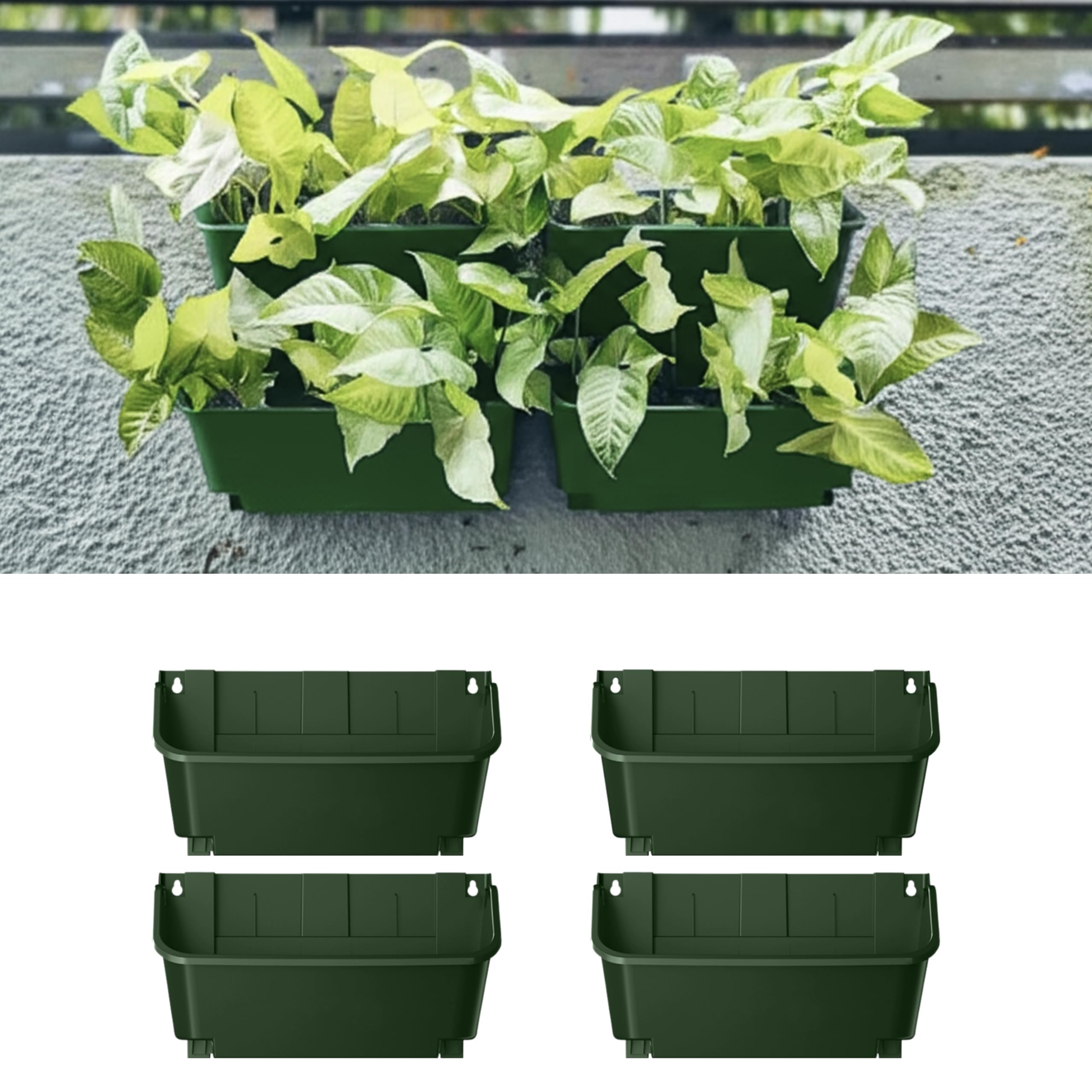 Maxona Lot de 4 pots de fleurs verticaux de 33 cm à fixation murale pour terrasse, décoration extérieure, pot en plastique vert, pour plantes, légumes, fruits, herbes