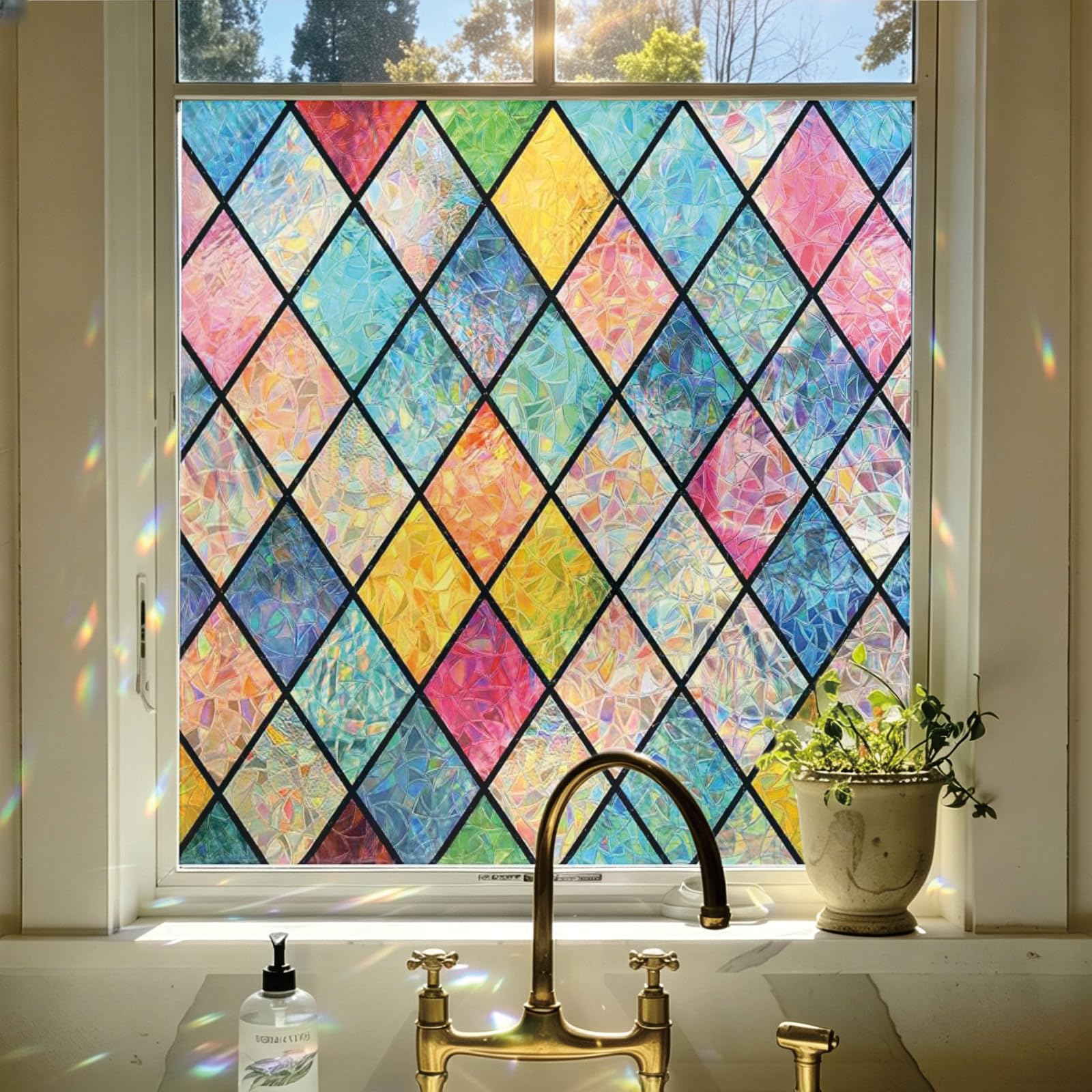 Rainbow Window Film 65 x 210 cm Blocks UV Static Cling No Glue Removable Heat Cotrol, Privacy Protection, Frosted Privacy Sticker No Glue Glass for Home, Crystal Grid