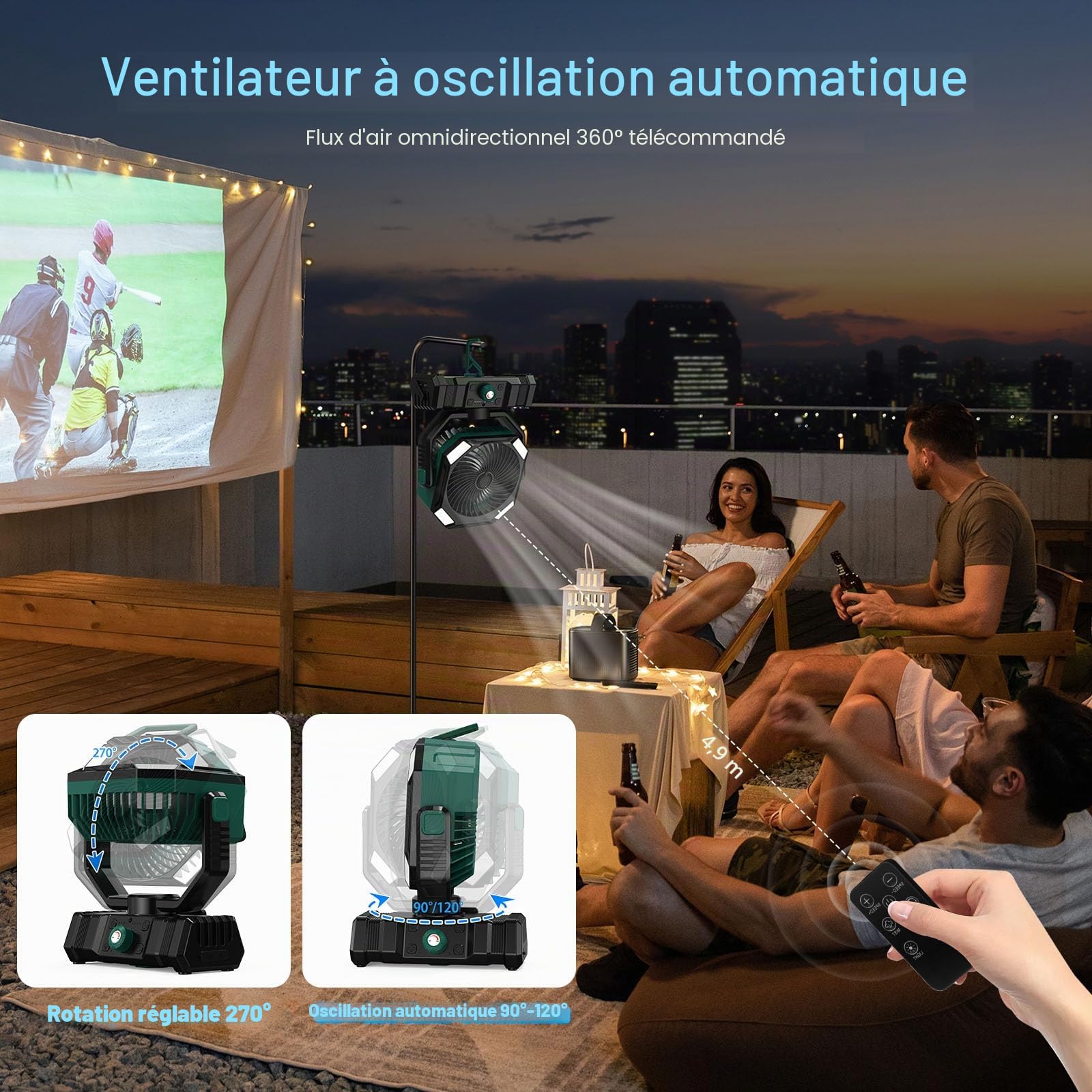 Ventilateur Brumisateur Portable 20000mAh, Réservoir 300ml, Oscillation 45°-90°, Rotation 270°, Télécommande, LED, Ventilateur Camping Rechargeable pour Extérieur, Tente, Bureau