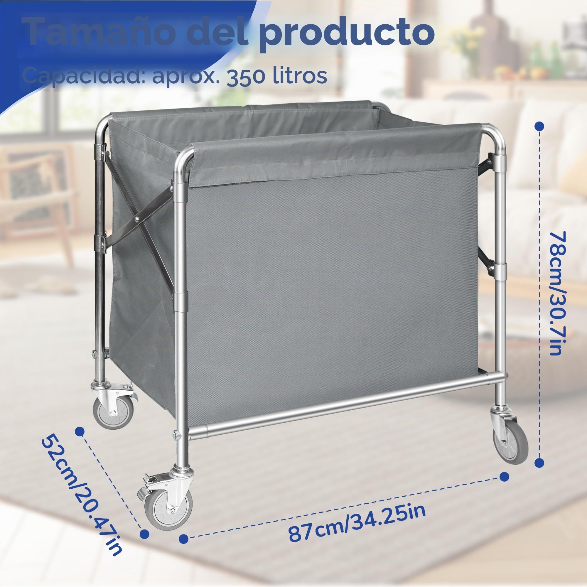 bimiti Carrito de lavandería de acero inoxidable con ruedas, plegable, con capacidad de carga de 100 kg, para casa, hotel, lavandería, 87 x 52 x 78 cm