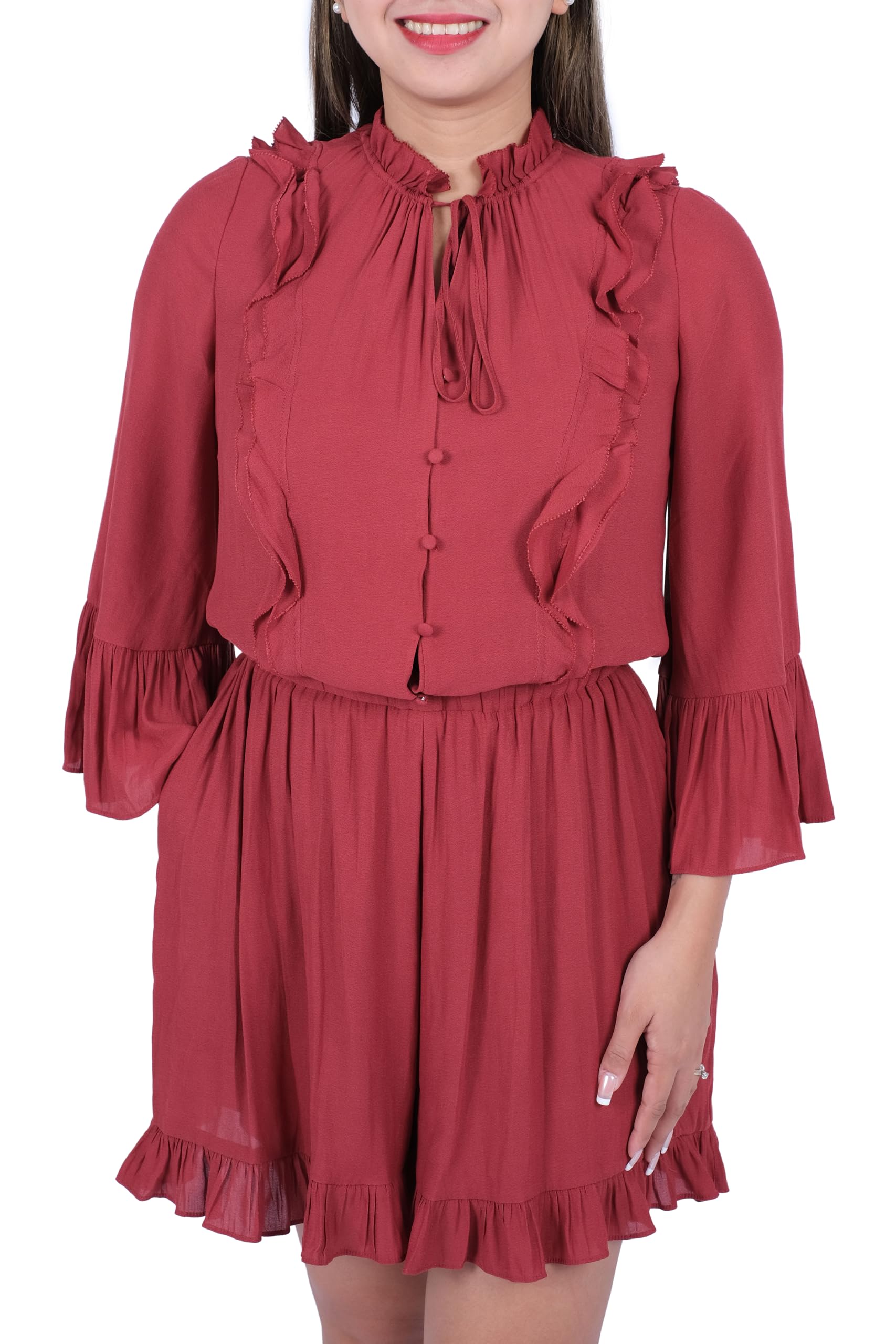 GenericWomen's Summer Lace Neck Buttoned Shirt Jumpsuit ASTRAL CATSUIT Long Sleeve Short Romper Ruffle Hem Elastic Waist Jumpsuit Playsuit For Women Bodycon Romper Shorts Catsuit Bodysuit Ladies Size XS-XL