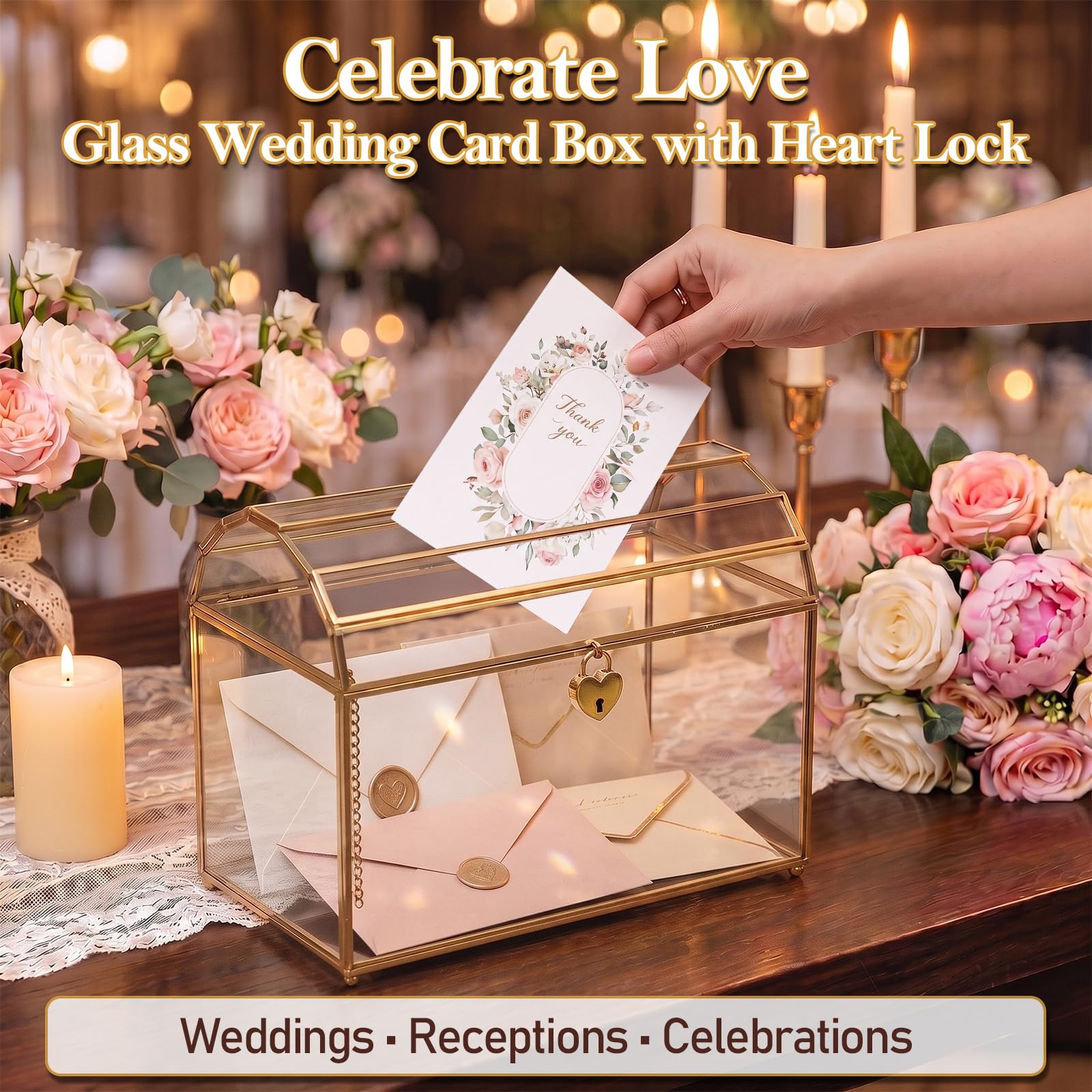 Hochzeitskarten-Box aus Glas mit Herzschloss und Einwurfschlitz | Transparenter Kartenhalter, Abschließbar mit Herzschloss, ideal für Hochzeitsempfang, Geldgeschenke und Karten