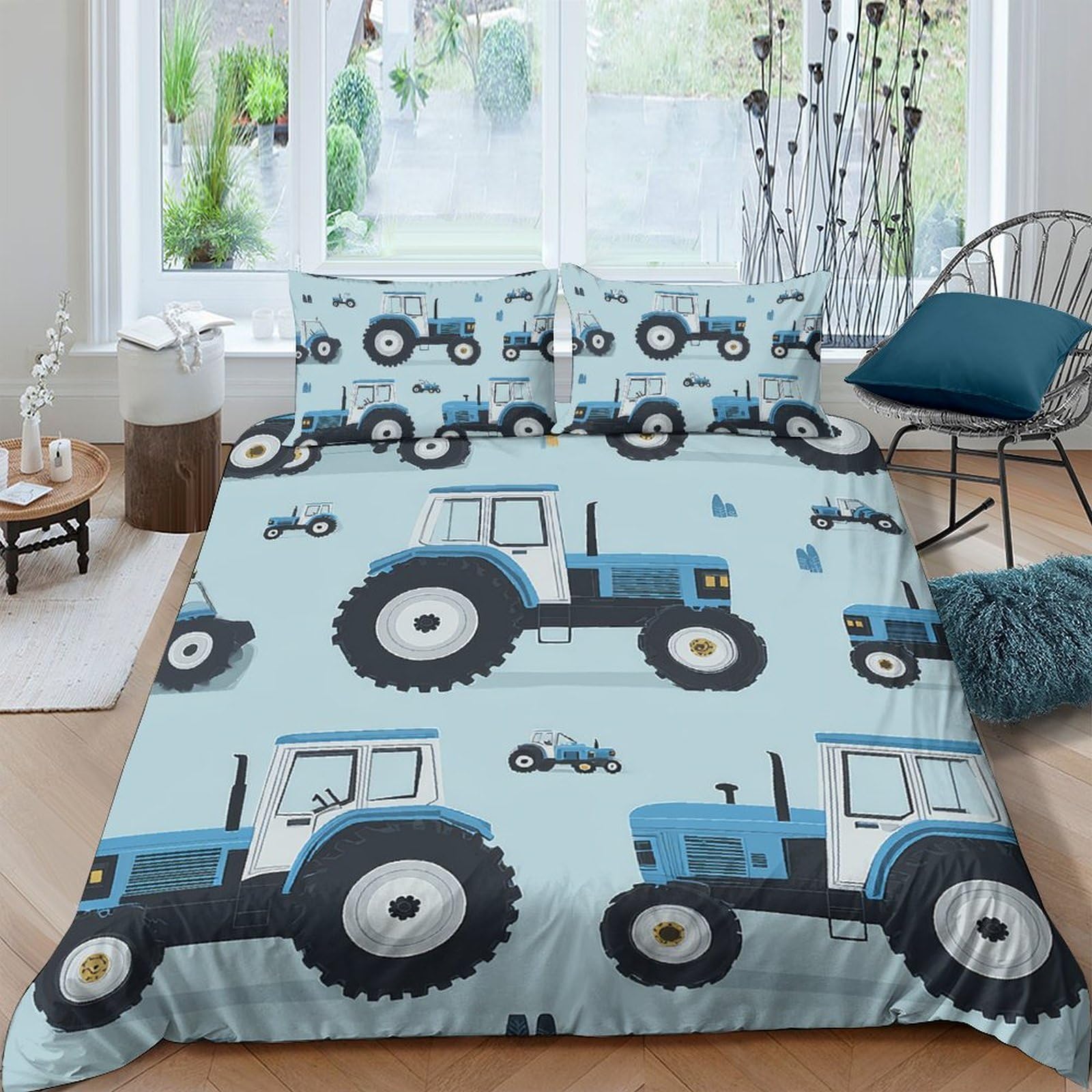 GPLZQXKJNH 3D Printed Blue Tractor Duvet Cover Microfiber Soft Breathable Farm Vehicle Bedding Set with 2 Pillowcases for Bedroom Decor Single（135x200cm）