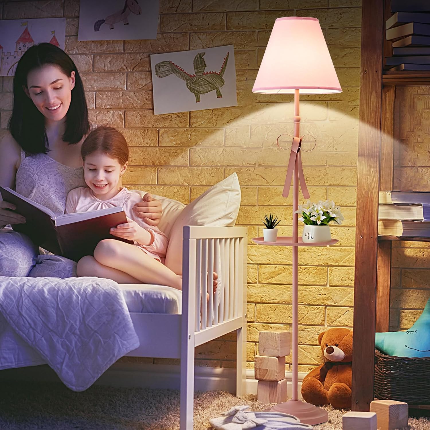 Modern Pink Floor Lamp for Girls Bedroom, 63in Cute Floor Lamp with Table/ Shelves, Bow Decorative Standing Tall Light for Girls, Pink Room Decor Standing Light for Kids Room, Nursery, Living Room