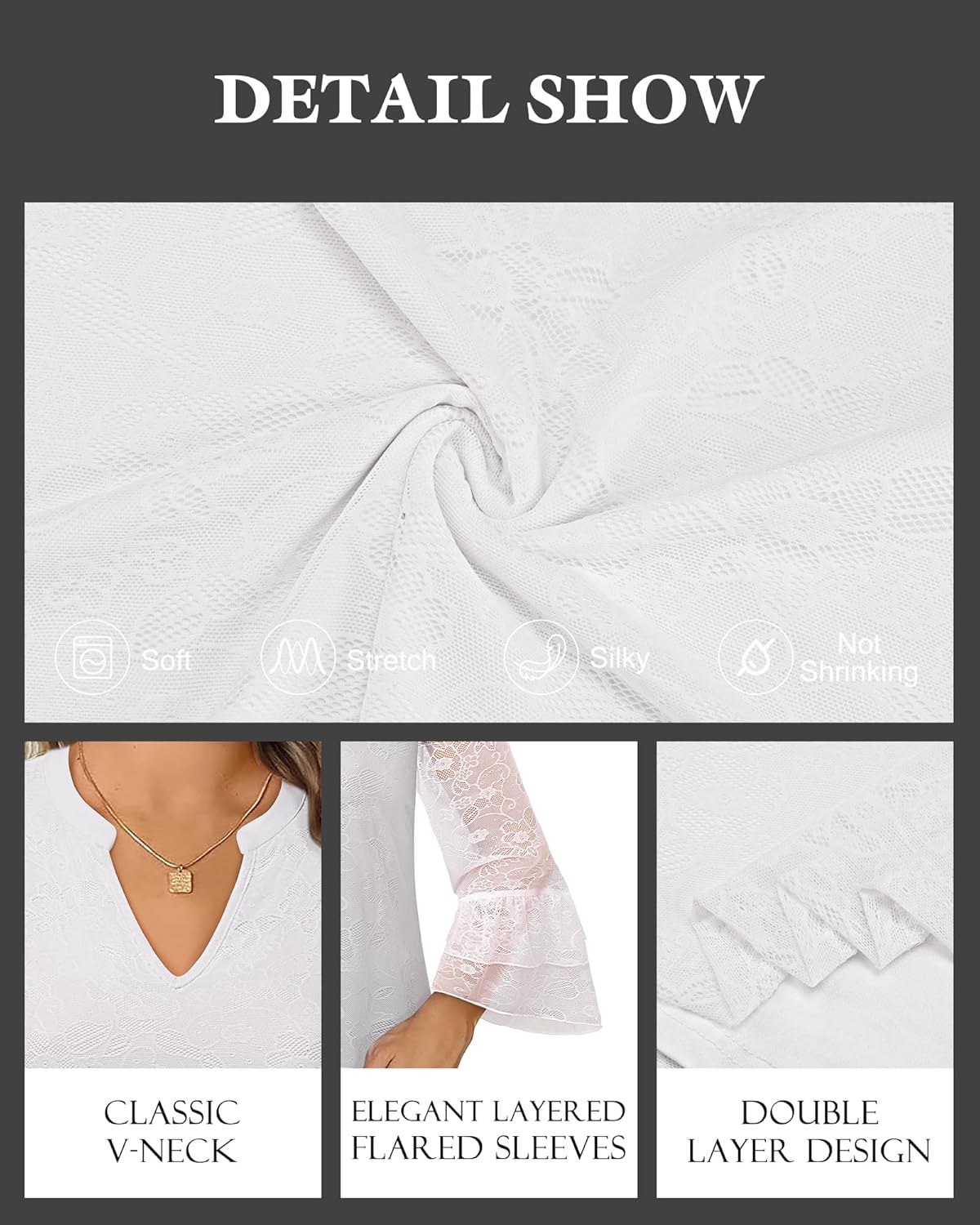 Womens Blouses Dressy Casual 3/4 Tiered Bell Sleeve Tops Double Layered Mesh V Neck Shirts - Image 4