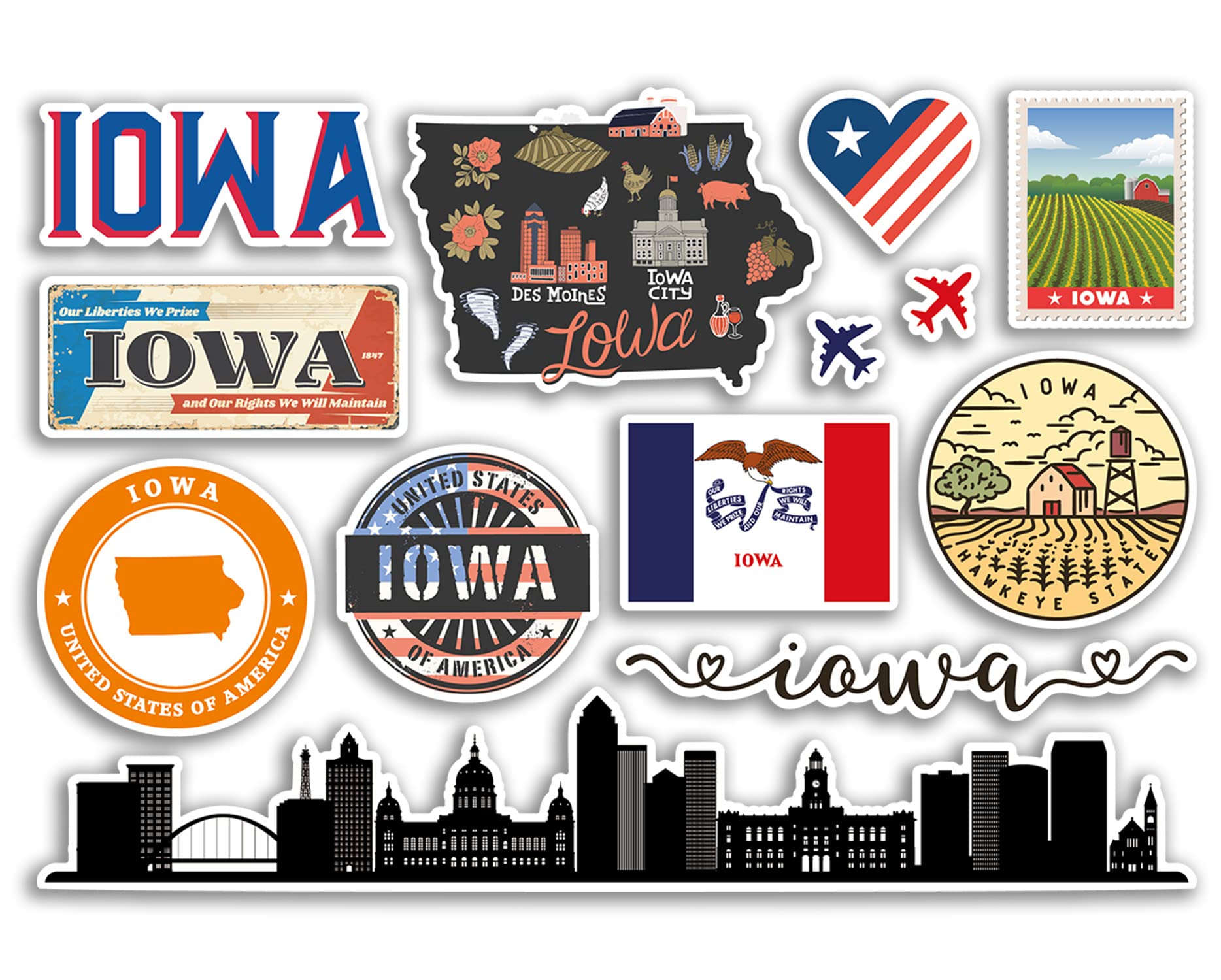 A5 Sticker Sheet Iowa Landmarks Vinyl Stickers - America States USA American Airport Stamps Skyline Flag Map Travel Holiday Scrapbooking City Luggage #79185