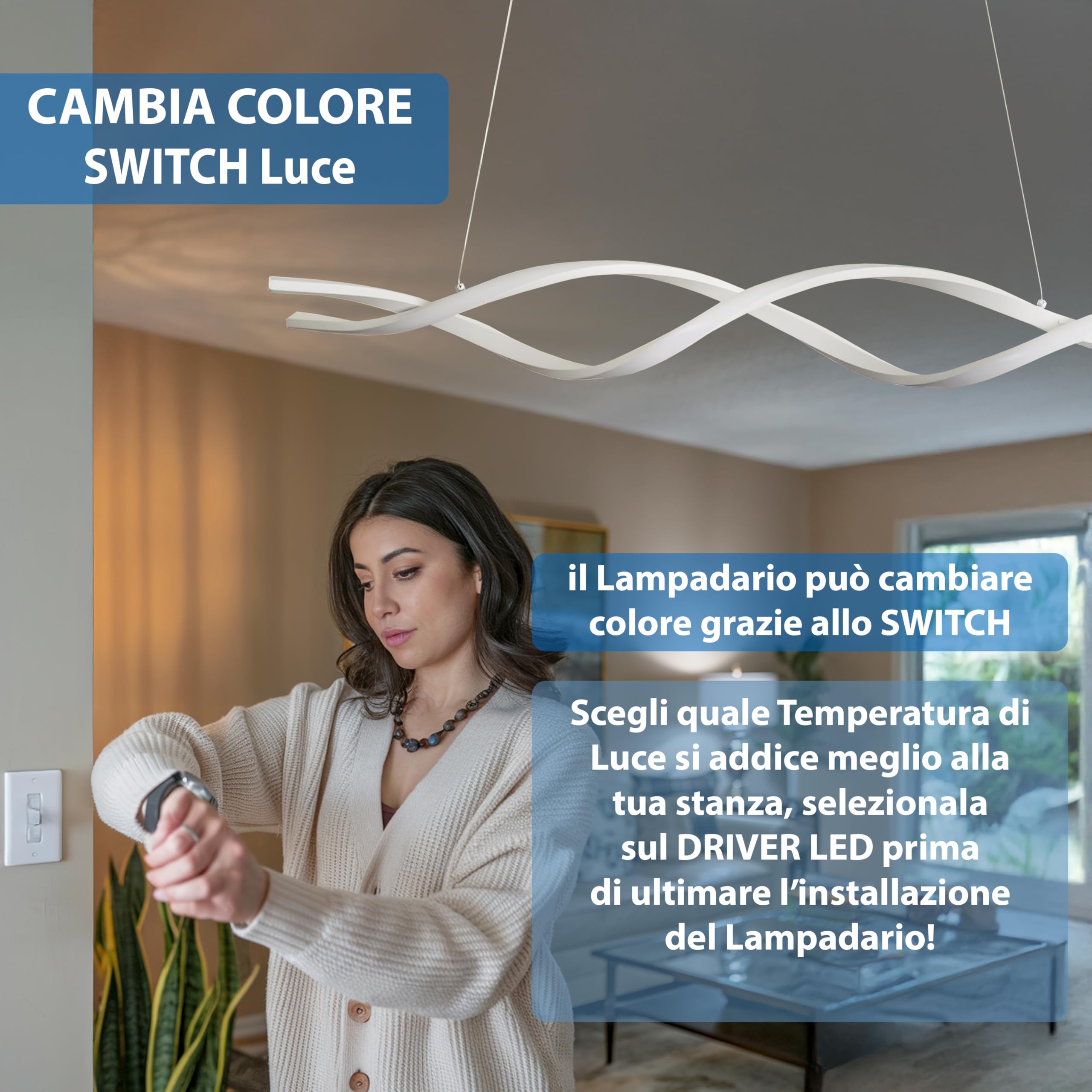 MAKA Lampadario a Sospensione LED Soggiorno, Lampada Cambio Temperatura Luce Calda-Naturale-Fredda, Design a Intreccio, 48 Watt 5280 Lumen, 220 Volt, Lampadario Camera da Letto (Switch Bianco)