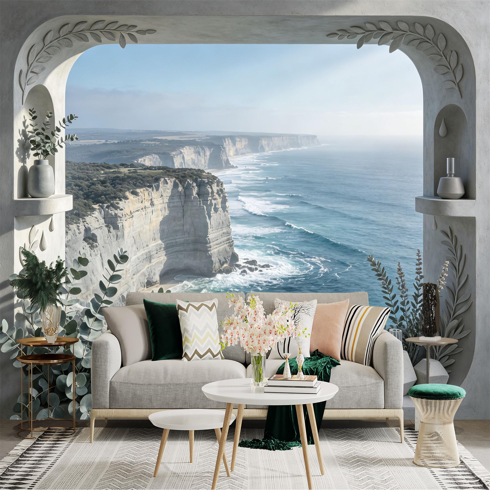 Lnzczhyre Bh260719430 Custom Size Wall Sticker Mural， Coastal Cliff View Through Stone Arch， Ocean Waves， Tropical Flowers And Foliage， For Wall Decoration， Peelandstick Wall Decals.