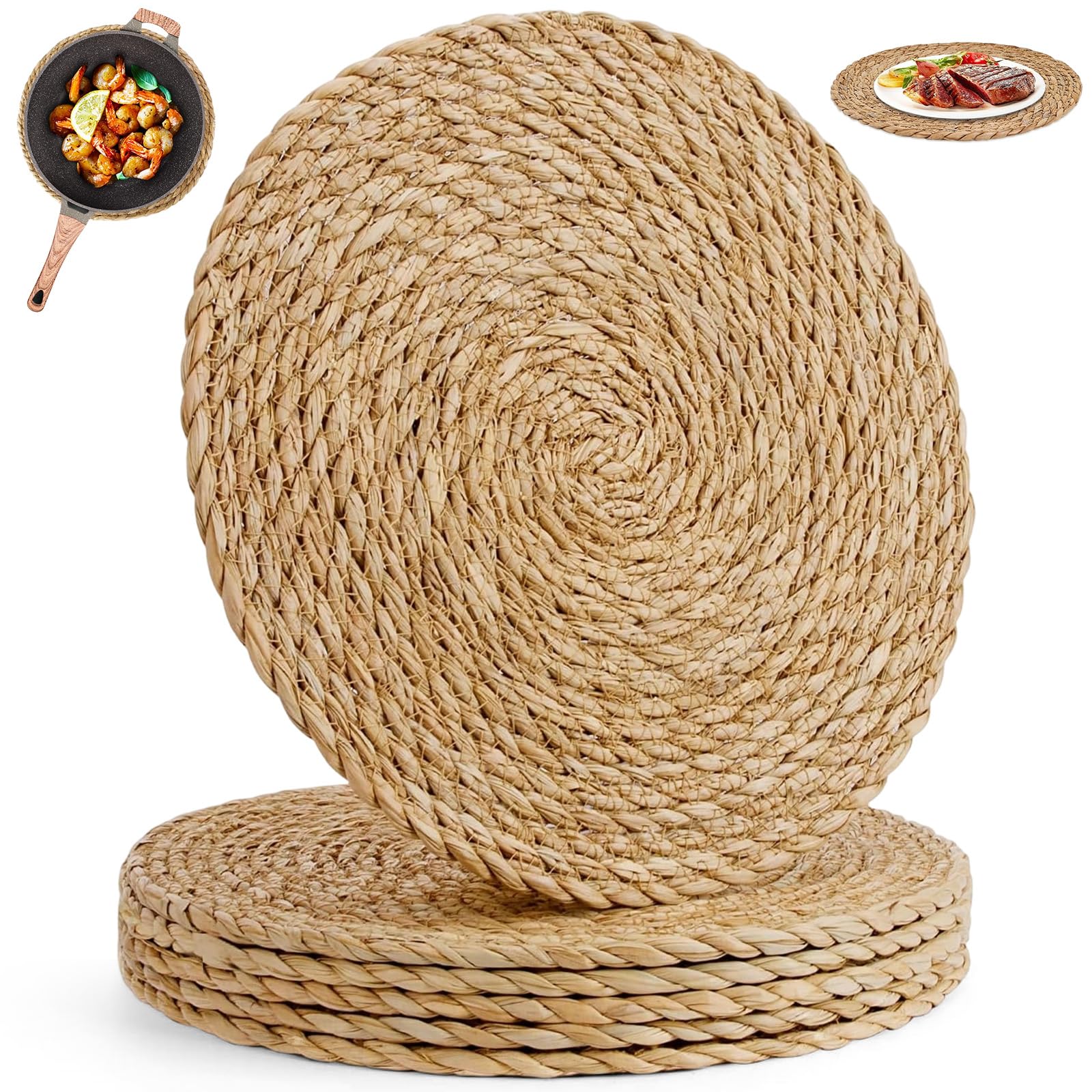 6 Sottopiatti Rotondi Eleganti Vimini, Tovagliette Rotonde Giacinto D'Acqua Paglia Naturale 30cm, Sottopiatto Intrecciato Rotondo Bohémien Centro Tavola Elegante per Tavolo da Pranzo, Casa, Matrimoni