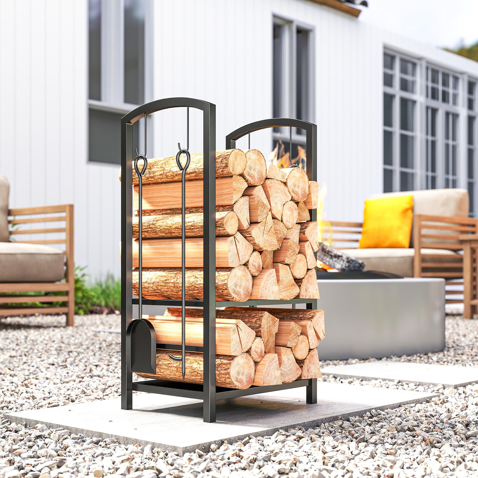 Outsunny Estante de Leña para chimenea Soporte para Leña de 2 Niveles Leñero Exterior e Interior Metálico con 4 Herramientas para Chimenea Carga Máx.100 kg 40x30x74,5 cm Negro