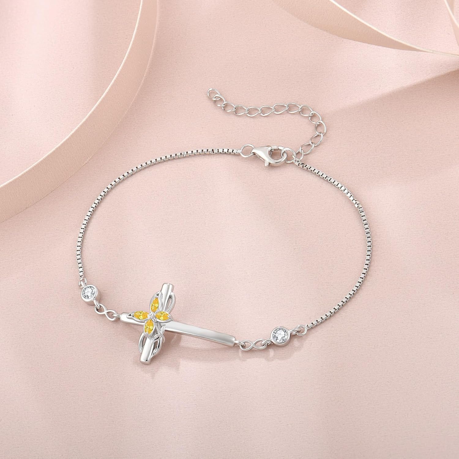 Cross Bracelet for Women 925 Sterling Silver Infinity Butterfly Birthstone Link Bracelet Crucifix Religious Jewelry for Her - Image 4