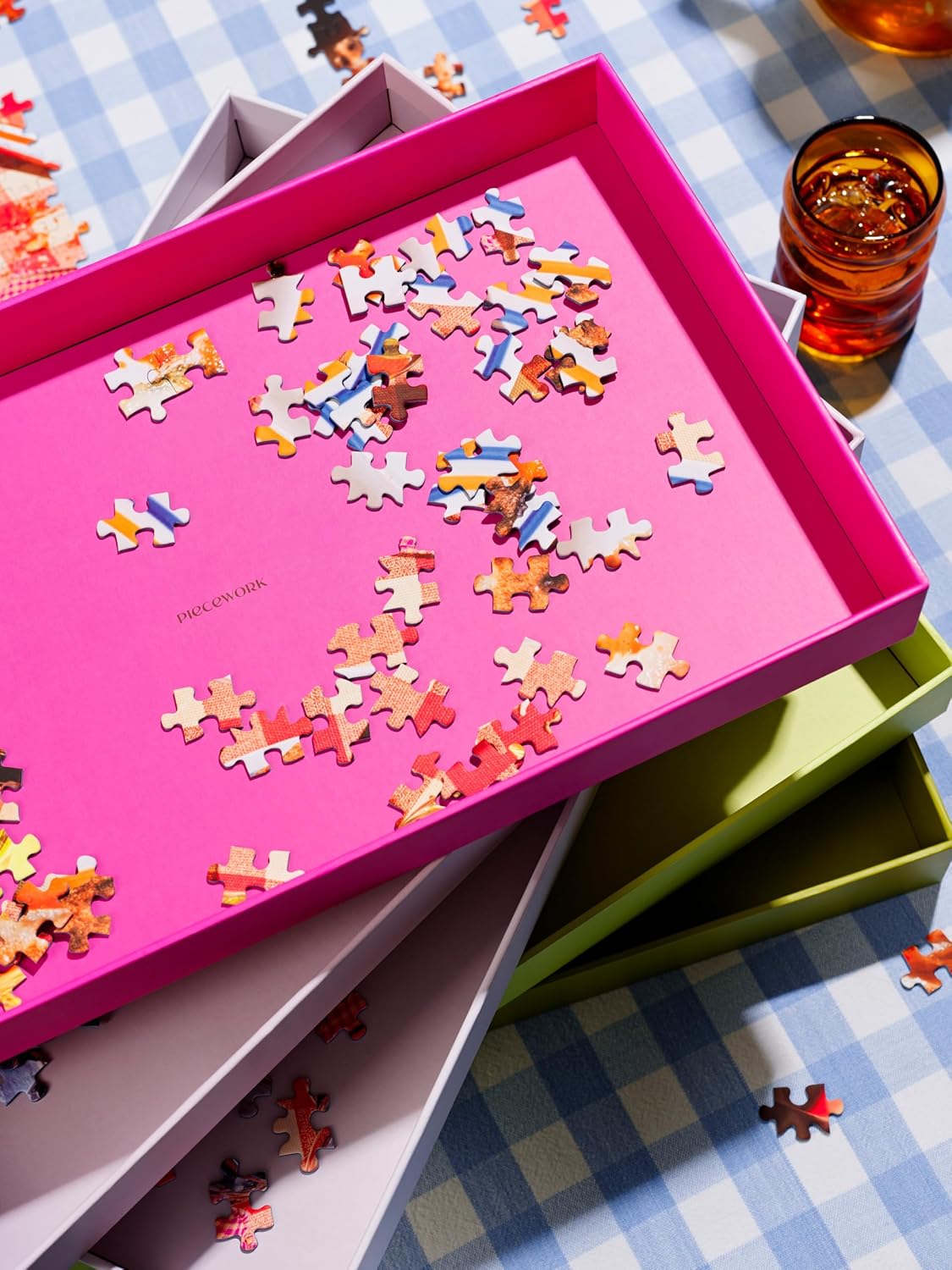 Piecework Puzzles Stackable Sorting Puzzle Trays - 6 Solid Colored Nesting Puzzle Trays with Lid, Portable Jigsaw Puzzle Accessories, Puzzle Gift for Adults - 16.4 x 10 x 2 Inches