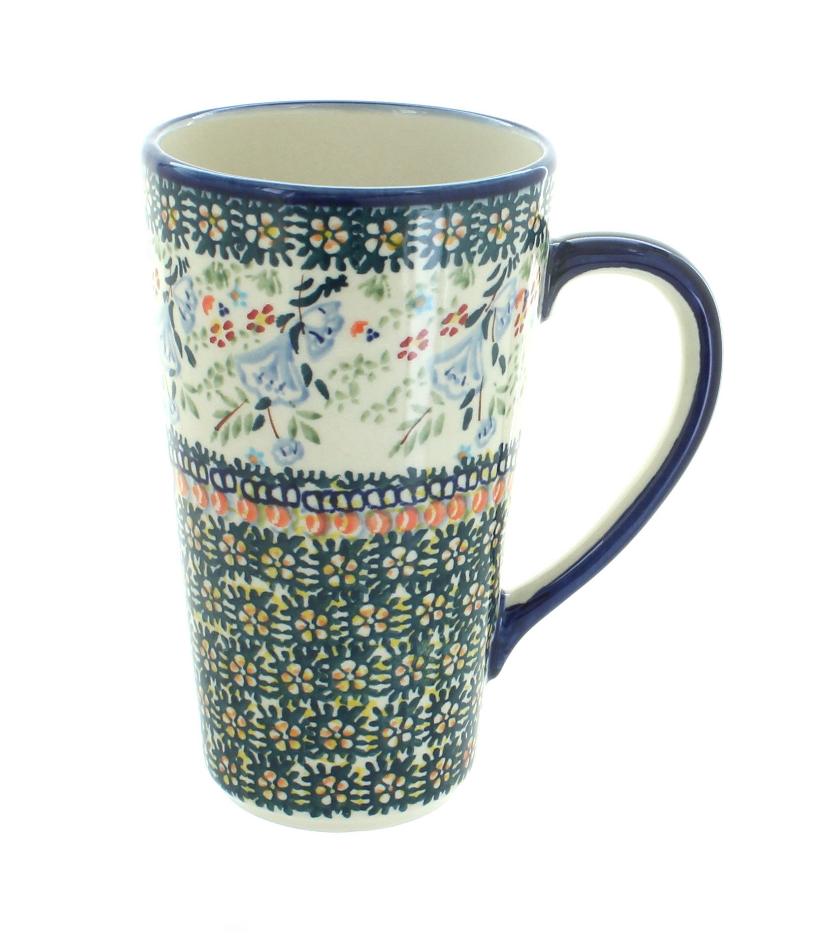 Blue Rose Polish Pottery - Green Periwinkle Large Coffee Mug - 14 oz - Oversized Mug for Coffee Lovers