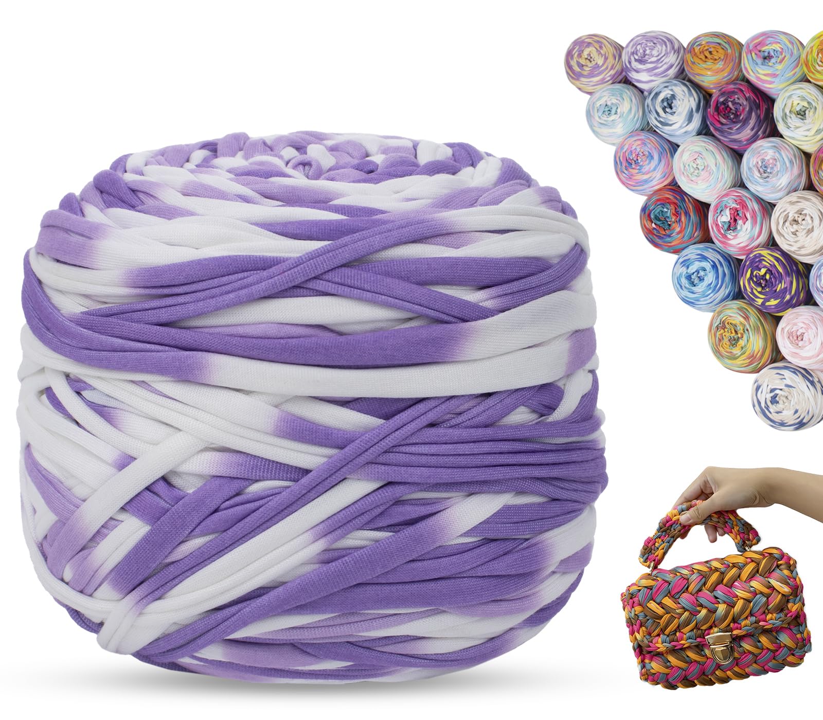LEREATI T Shirt Yarn for Crocheting 285g/100m Rainbow Tshirt Yarn for Crochet, Thick Crochet Yarn for Crocheting Bag, Blanket, Cushion, Craft Beginners, DIY Hand Knitting (Purple & White)