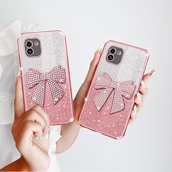 Samsung A03 電話ケース ラグジュアリー キュート キラキラ 3D ボウ ソフト TPU ストラップ付き 耐衝撃 保護コーブ ガールズ レディース コーラルピンク