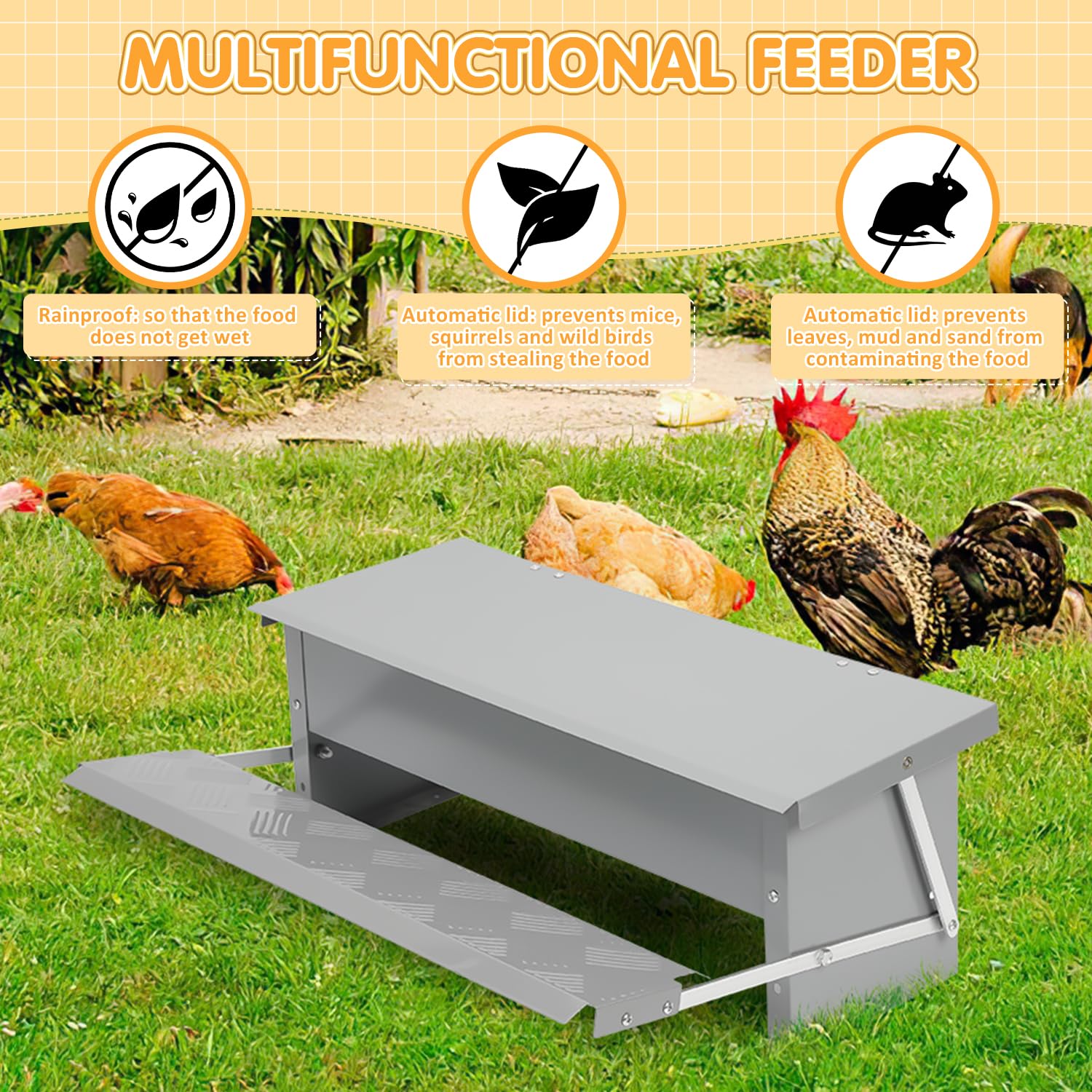 1x Futterautomat für hühner Geflügel mit Deckel Futterspender, 5kg Fußpedal selbstöffnender Futtertrog automat hühnerfutter