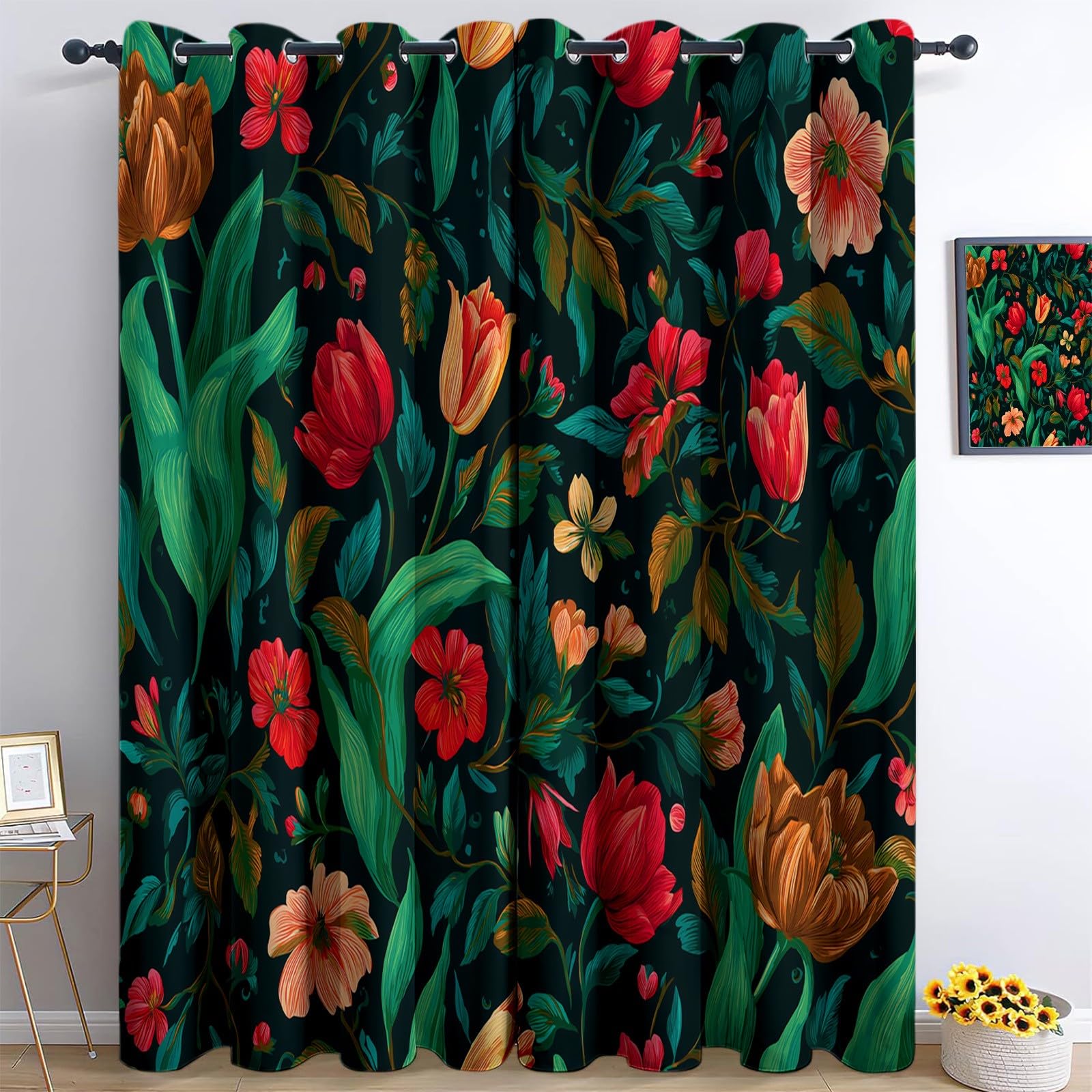 Generisch Verdunklungsvorhänge Blumen Blätter Kinderzimmer Vorhänge Blickdicht, Dunkelgrün Thermovorhang mit Ösen, für Schlafzimmer Fenster & Balkon Natur Dekoration - 110 x 215 cm (2er Set)