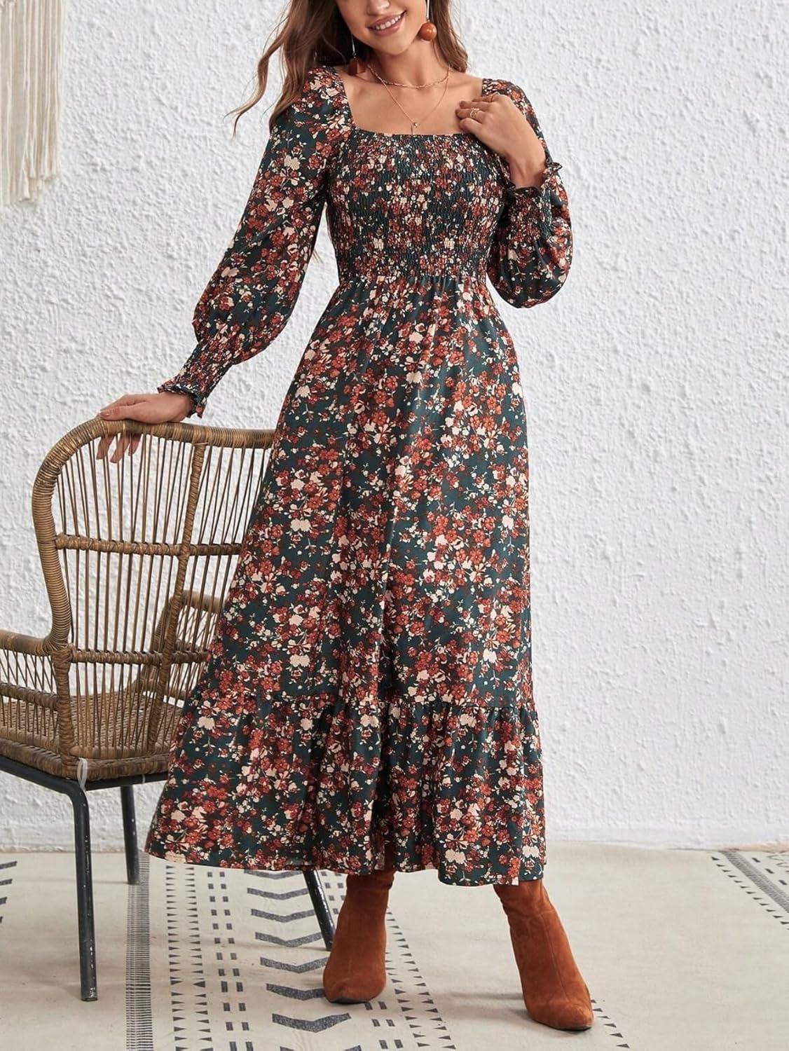 LIGHT DOT Women's Square Neck Casual Floral Dress Long Sleeve Printed Boho Maxi Dress Smocked Tiered Flowy Dress - Image 7