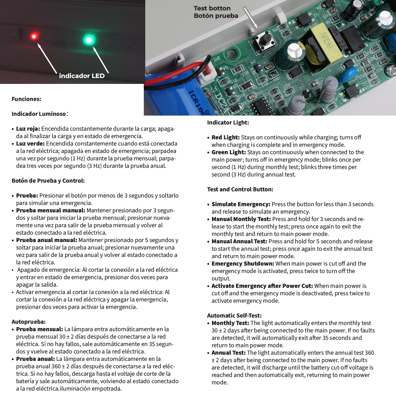 Alpinaluz Autotest Lumières d'urgence LED 3 W, batterie au lithium, mode permanent et non permanent, montage encastré ou surface, 265 lm, 6500 K, 3 heures d'autonomie