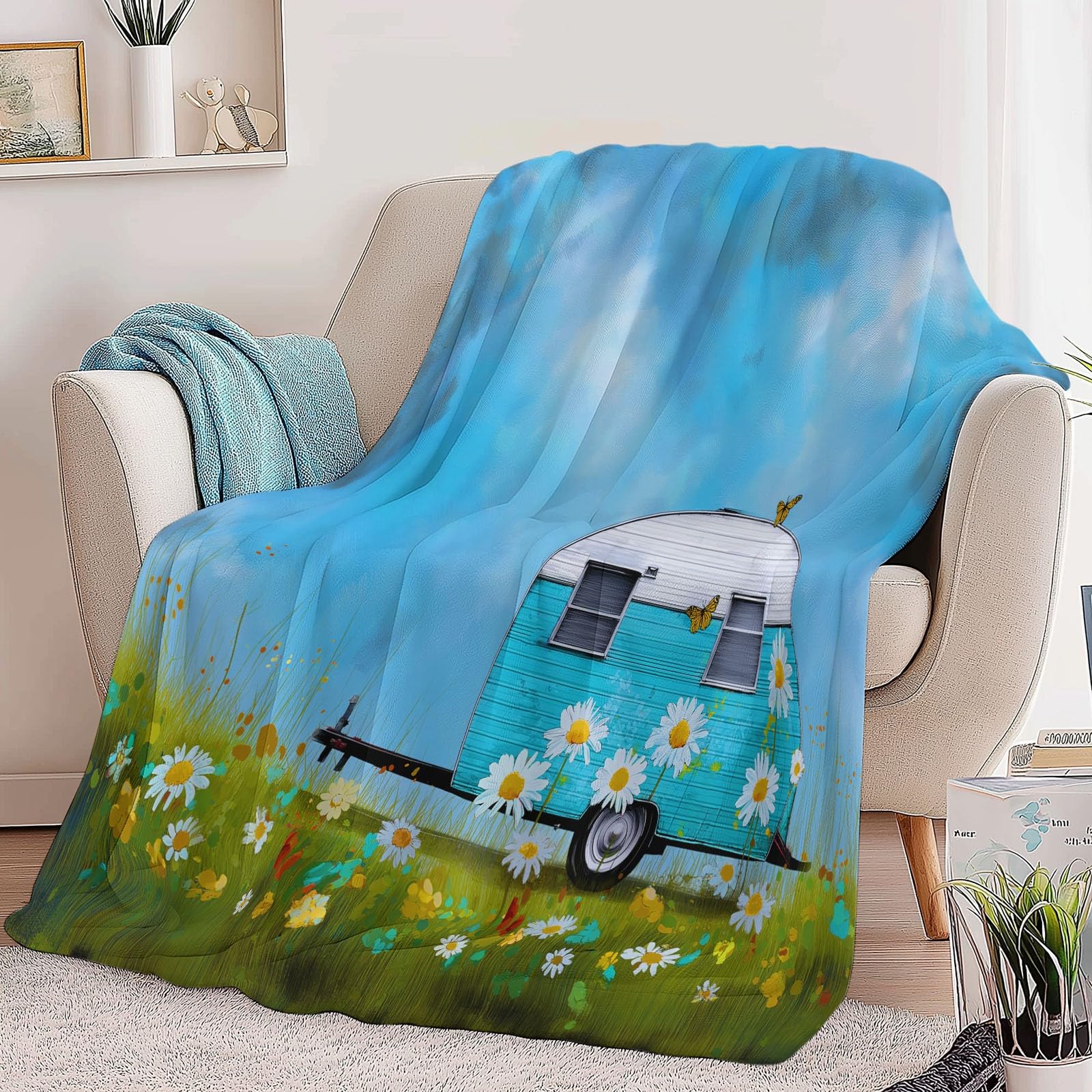 Genérico Polarowy koc flanelowy dla dzieci i dorosłych 200 x 200 cm, koce na sofę z nadrukiem śliczny kreskówkowy zwiastun - niebieski miękki ciepły ciepły oddychający lekki koc