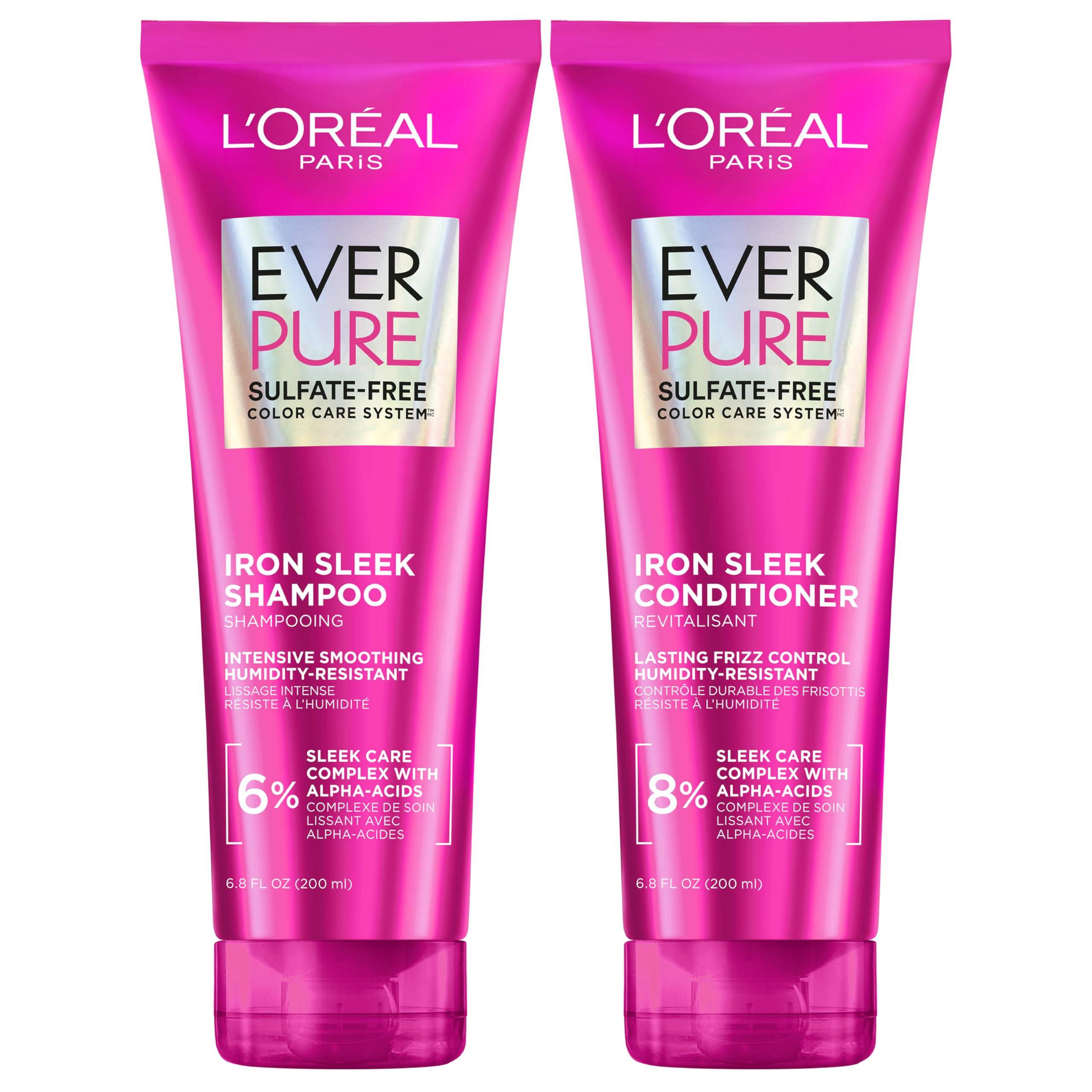 L'Oreal Paris Sulfate Free Iron Sleek Smoothing Shampoo and Conditioner Set, Frizz Control and Humidity-Resistant Formula with Alpha-Acids, Suitable for Color-Treated Hair, EverPure, 13.6 Fl Oz Set