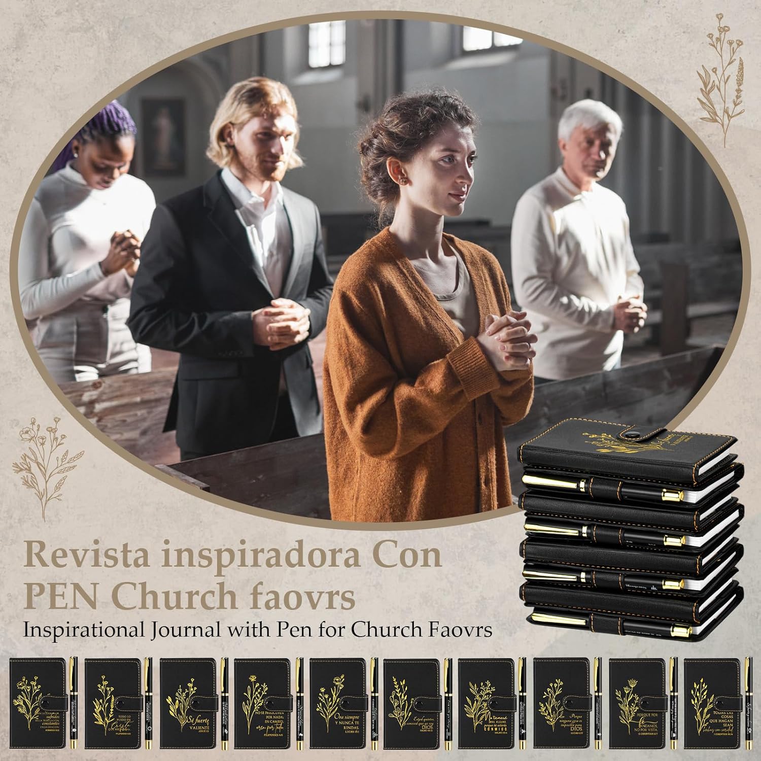 Spakon 10 Sets Christian Mothers Day Gifts for Women Men Bulk Religious Leather Notebook Prayer Journal Pen Church Gift Bible Study Scripture Mom Grandma Dad Favors (Spanish Floral,Black)