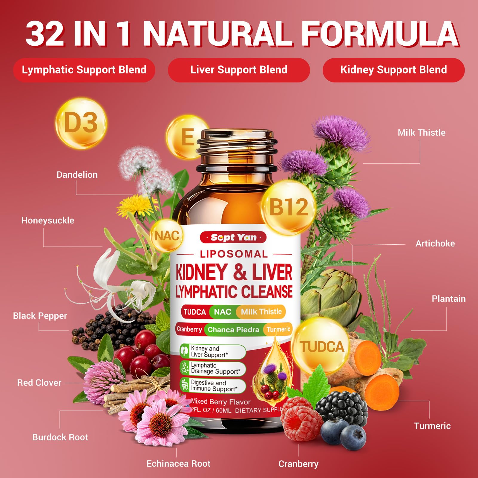 32-in-1 Kidney & Liver, Lymph Cleanse Detox & Repair Drops with Cranberry, Milk Thistle, Chanca Piedra for Lymphatic Drainage, Kidney & Live, Urinary Tract Support, Mixed Berry Flavor, 2 Fl Oz — Amazon image 6