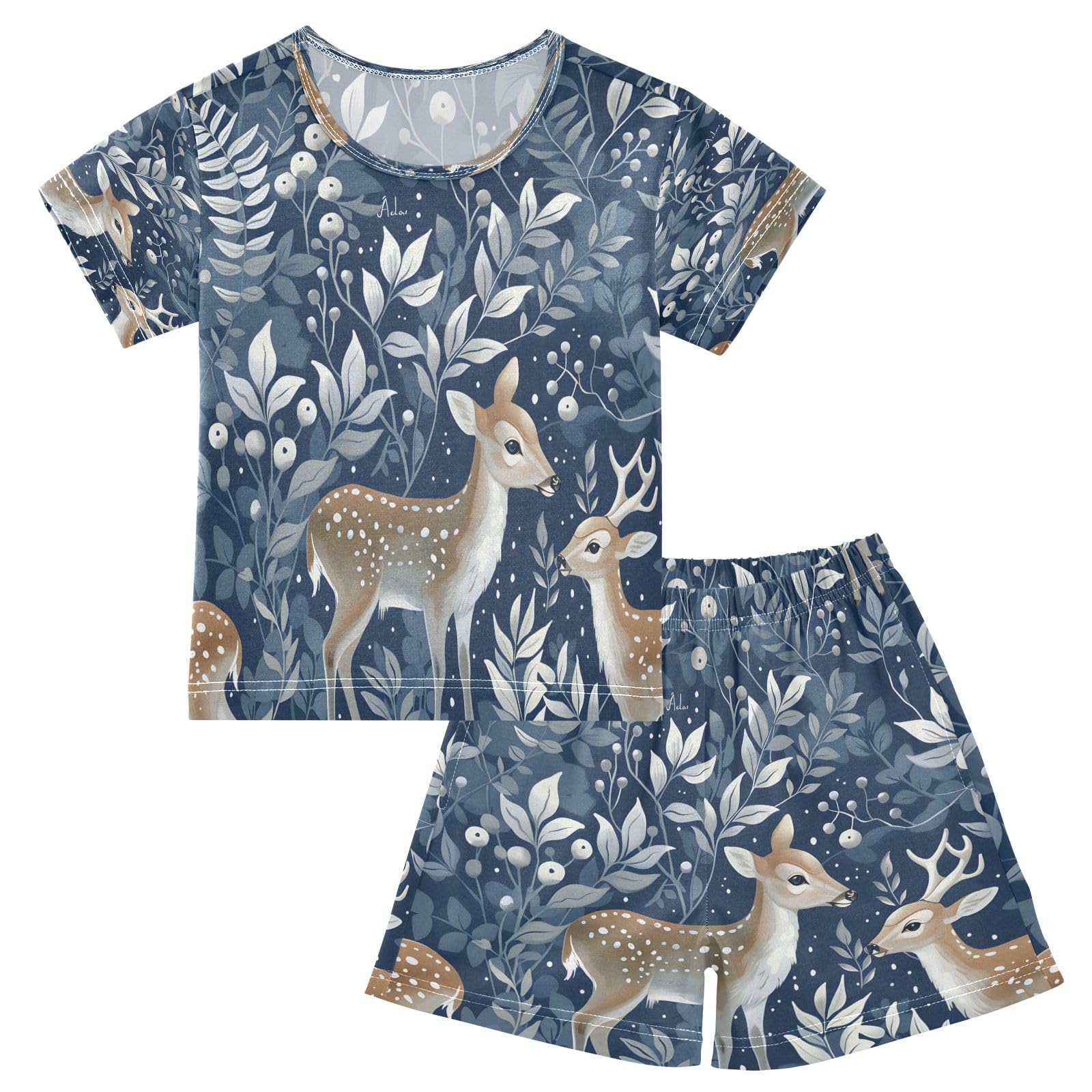 senya Tropical Deer Blue 1 Summer Pajamas Set Short Cotton Sleepwear 2 Piece