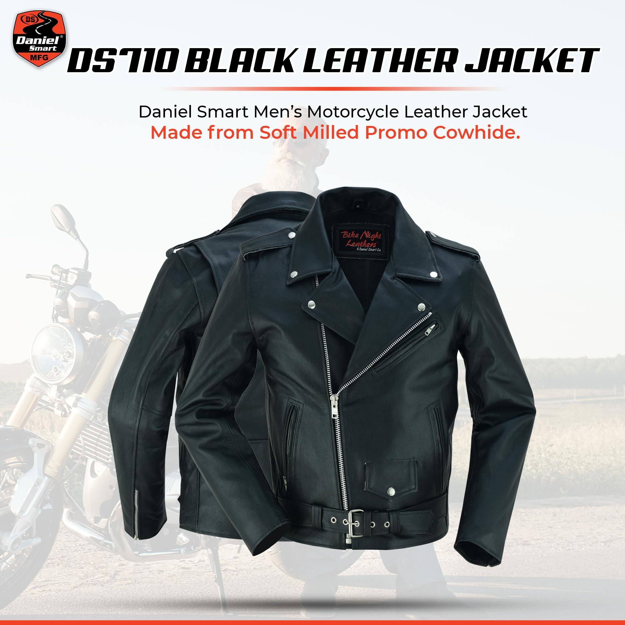 Daniel Smart Men Motorcycle Leather Jacket Black Economy Biker Leather Jacket with inside Pockets Heavy Duty Zippers — view 3