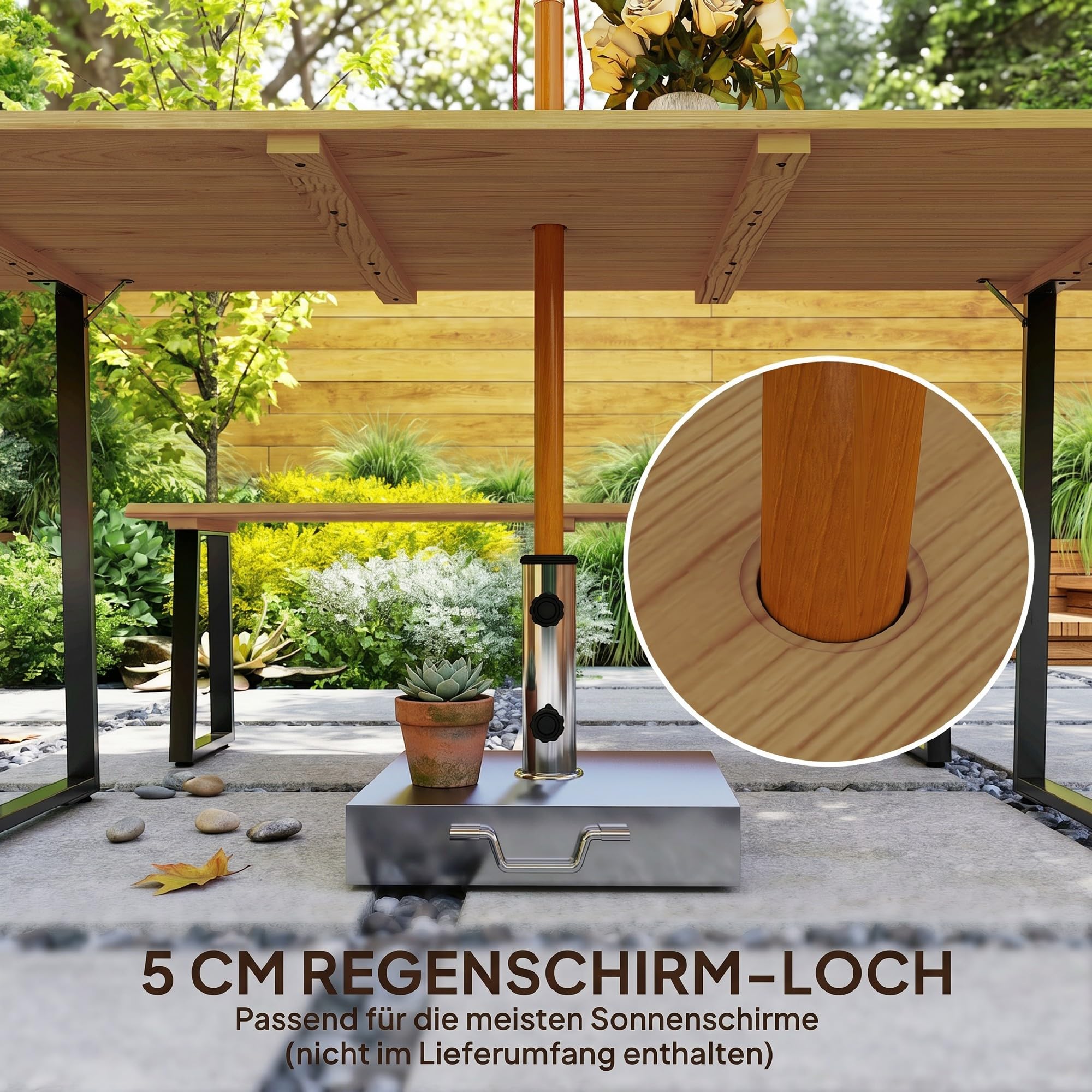Outsunny Sitzgruppe 3-teilig Holz Essgruppe für 6 Personen mit Esstisch und 2 Bänken Schirmloch Esszimmergruppe Holztisch Küchentisch-Set Gartenmöbel für Balkon Terrasse Naturholz