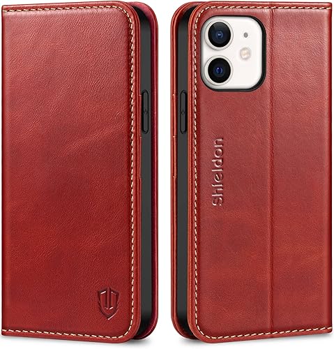 SHIELDON Funda tipo cartera para iPhone 12 Pro de 6.1 pulgadas, piel auténtica para iPhone 12, función atril y bloqueo RFID, ranuras para tarjetas