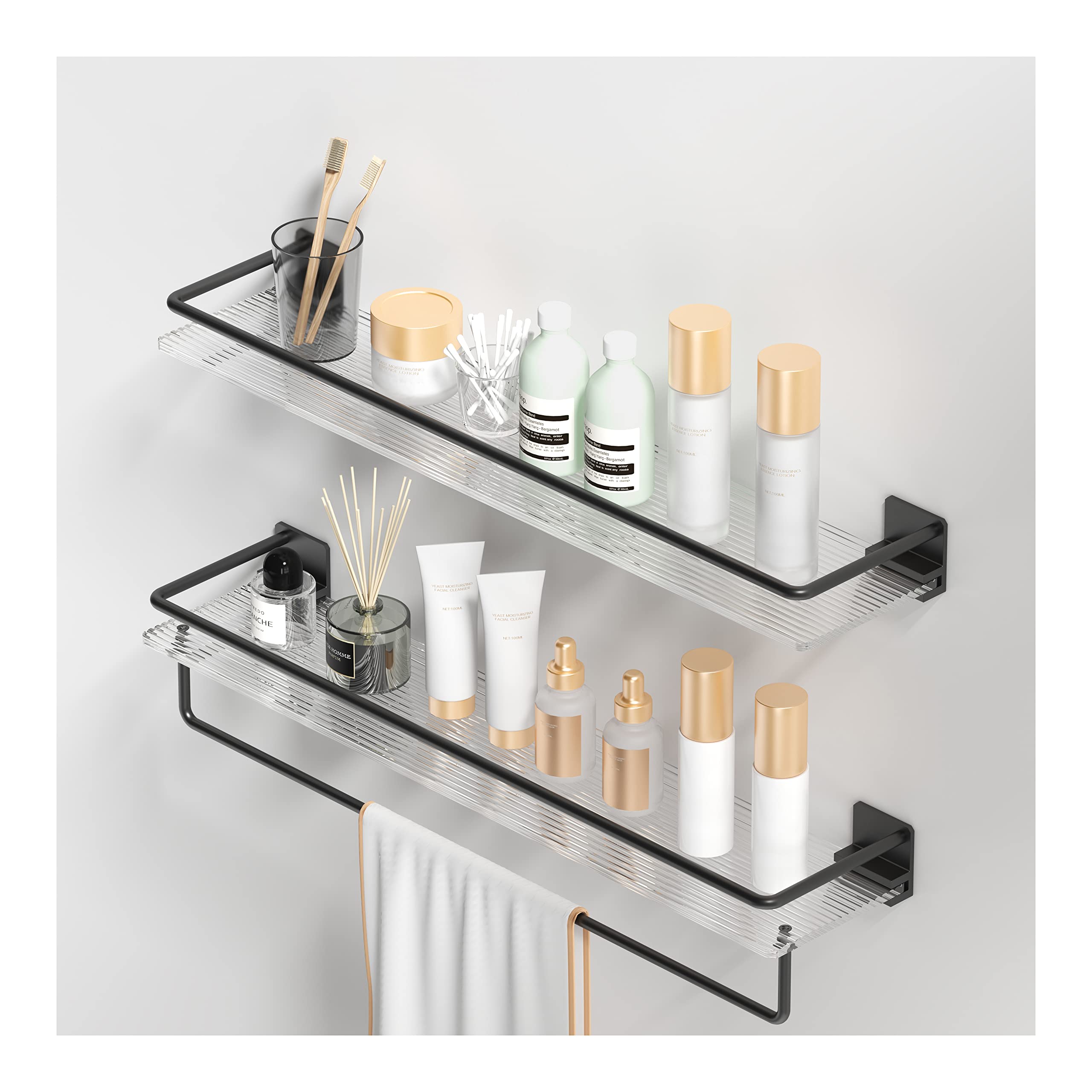 HONGNAL Acrylic Floating Shelves Wall Mounted Hanging Shelves with Black Towel Rack Decorative Storage Shelves for Bathroom,Kitchen,Living Room & Bedroom-Set of 2