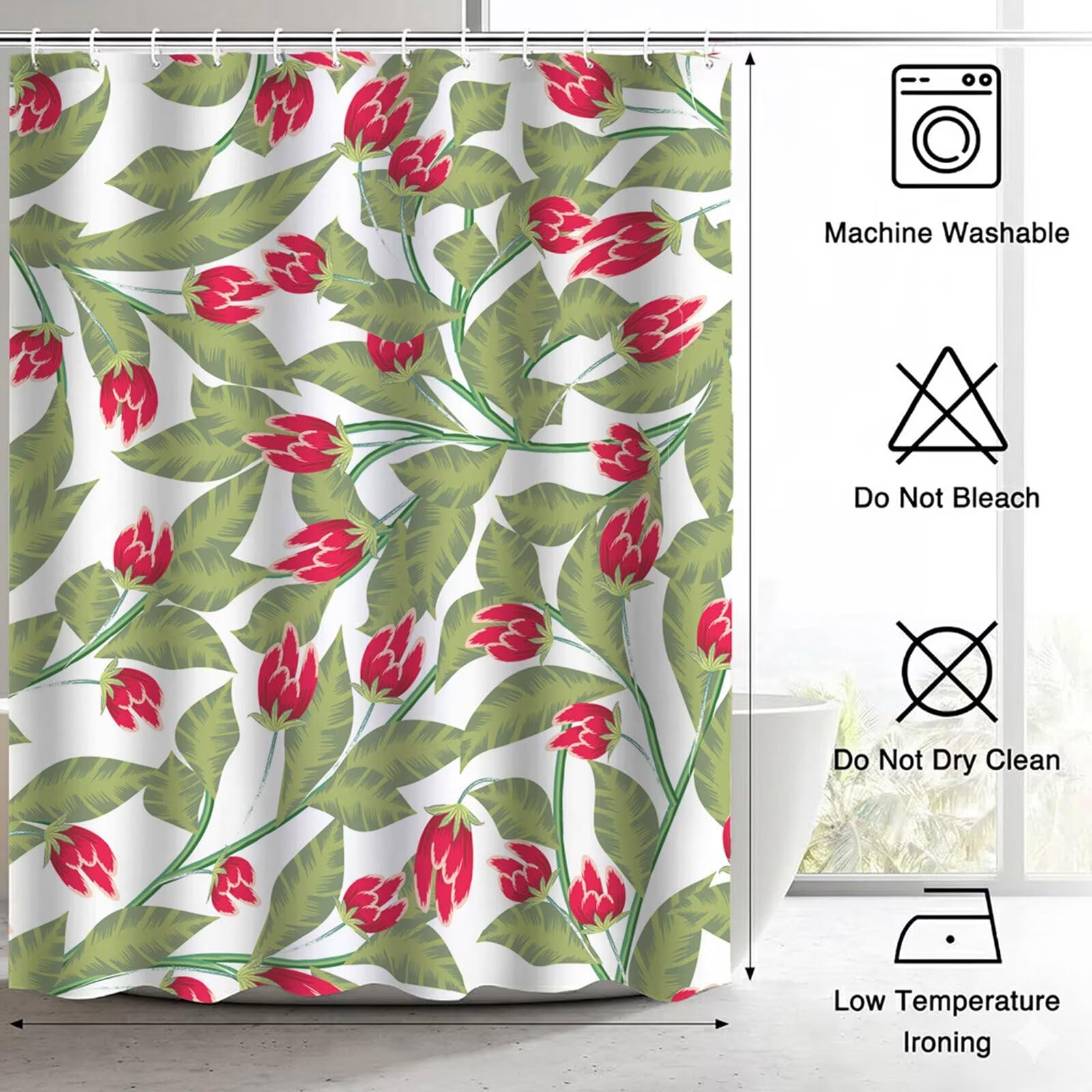 Duschvorhang 240x200 cm Anti Schimmel - Grün Design - Wasserdicht & Waschbar Schnelltrocknender Polyester Stoff - Inkl. 12 Ringe und Gewicht Shower Curtain für Badezimmer Dusche Badewanne, Weiß J8-449