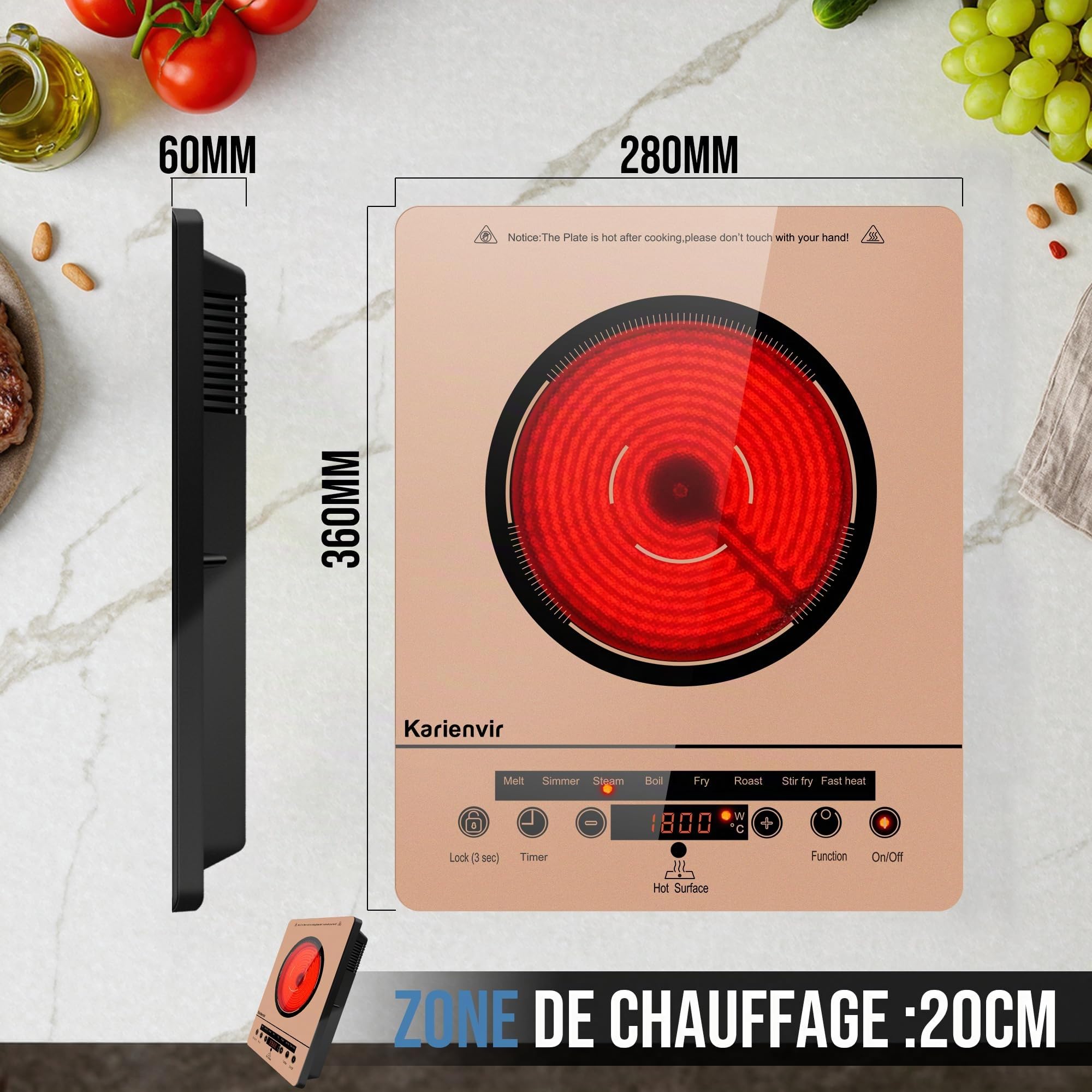 Portable Ceramic Hob 1 Burner with Plug, 2000 Watts | Safety Lock, Timer, 9 Power Levels, 8 Cooking Functions, Ideal for Garden, Camping