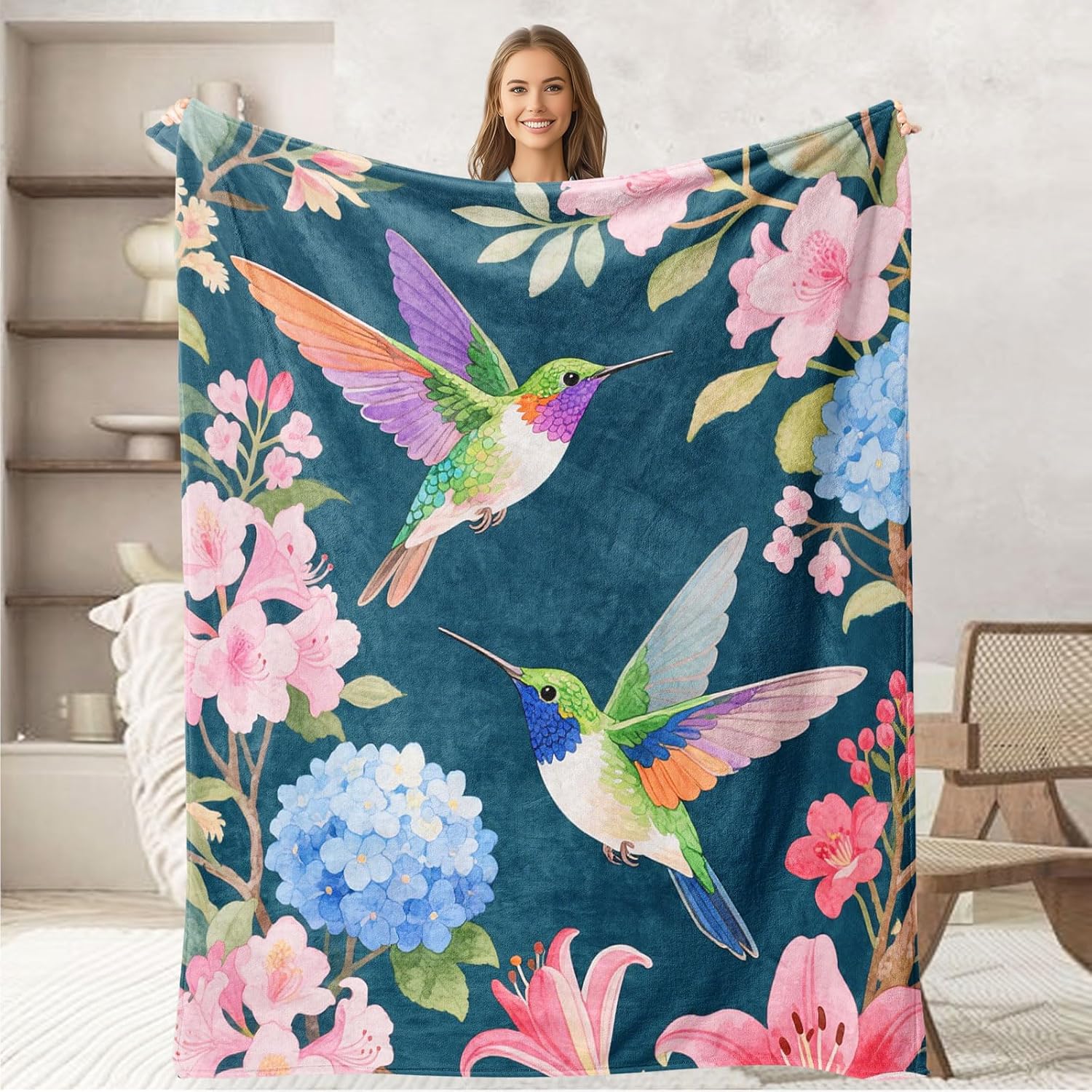 Hummingbird Gifts for Women Girls, Hummingbird Floral Blanket Decor for Home, Colorful Flowers Print Throws, Flannel Soft Blanket for Bed Couch 50"x60"
