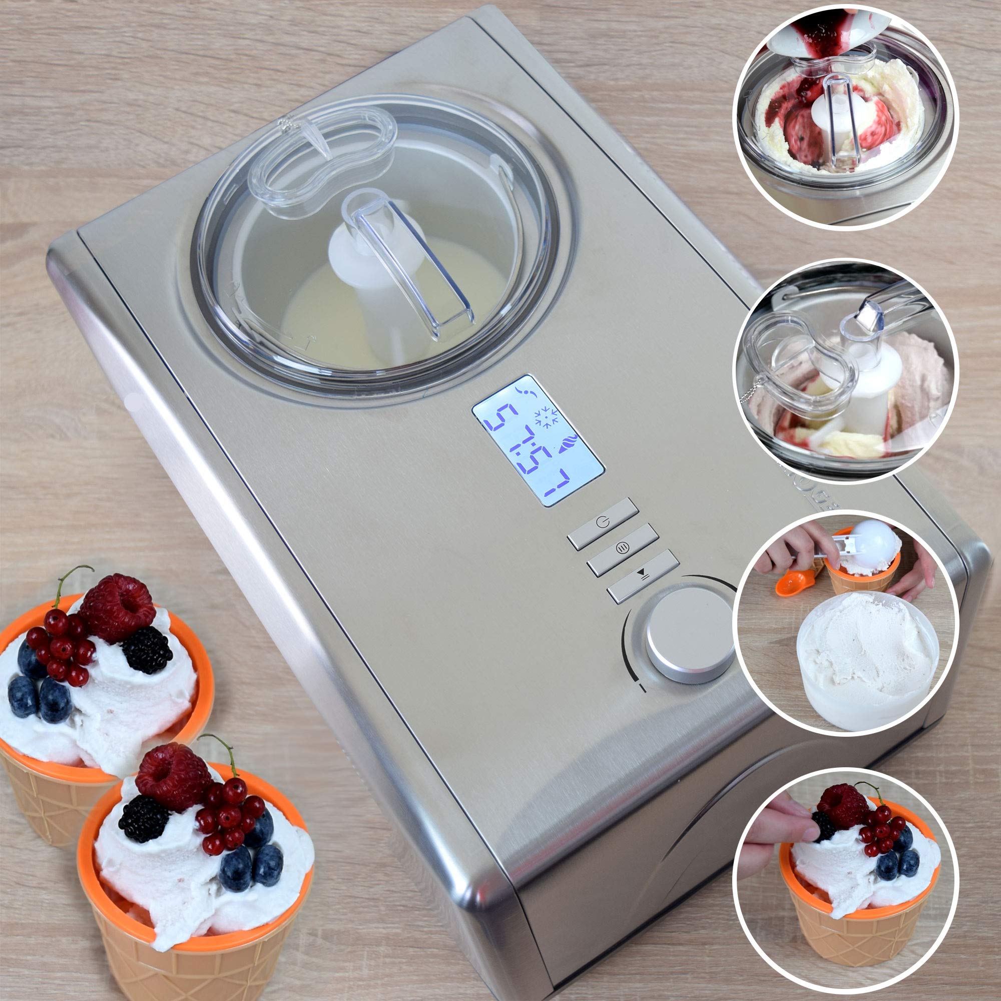 Digitale Edelstahl Eismaschine und Joghurt Bereiter mit Kompressor Gino Gelati IC-250W Helado