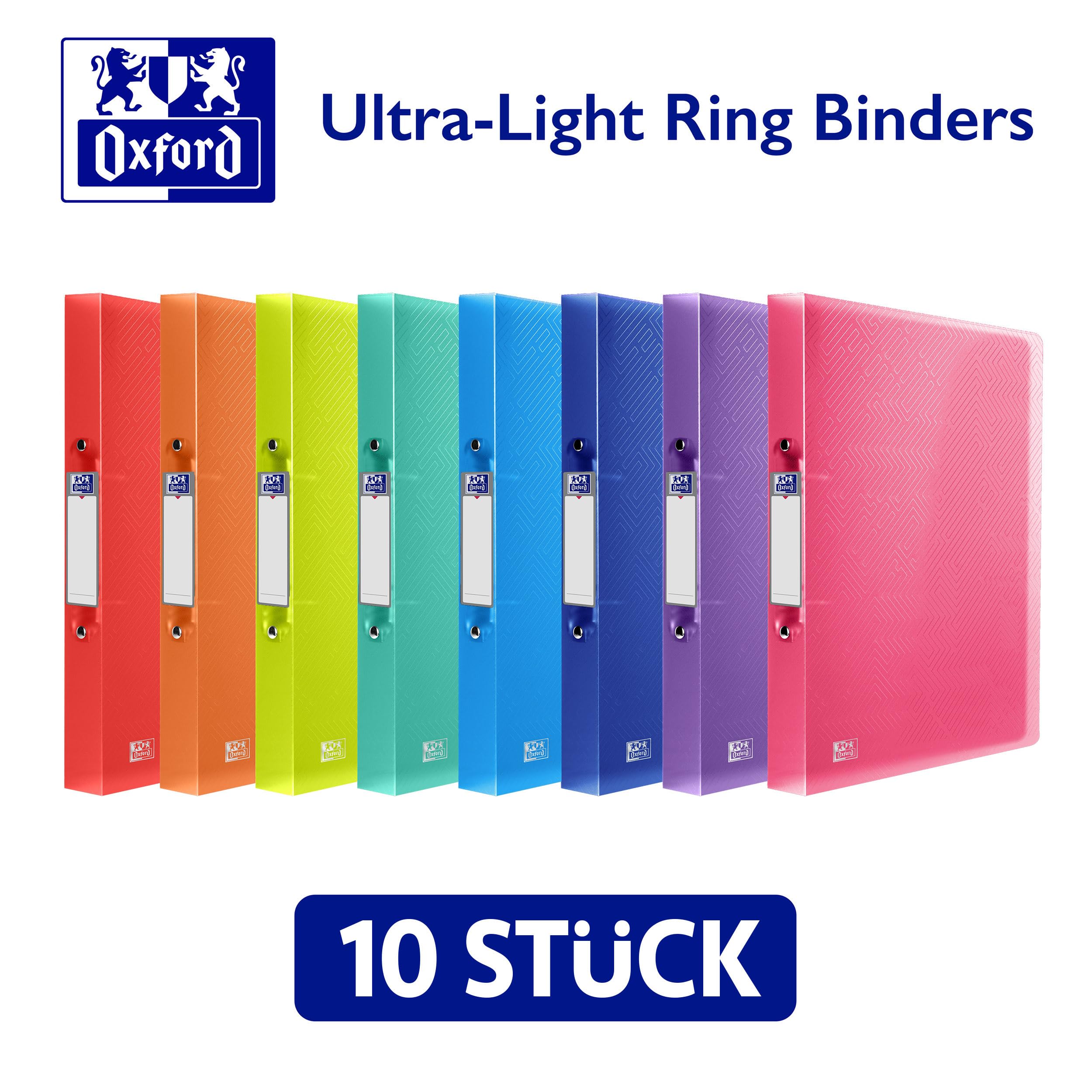 Oxford Lot de 10 classeurs à anneaux A4 Largeur du dos 4 cm 2 anneaux Plastique 8 couleurs