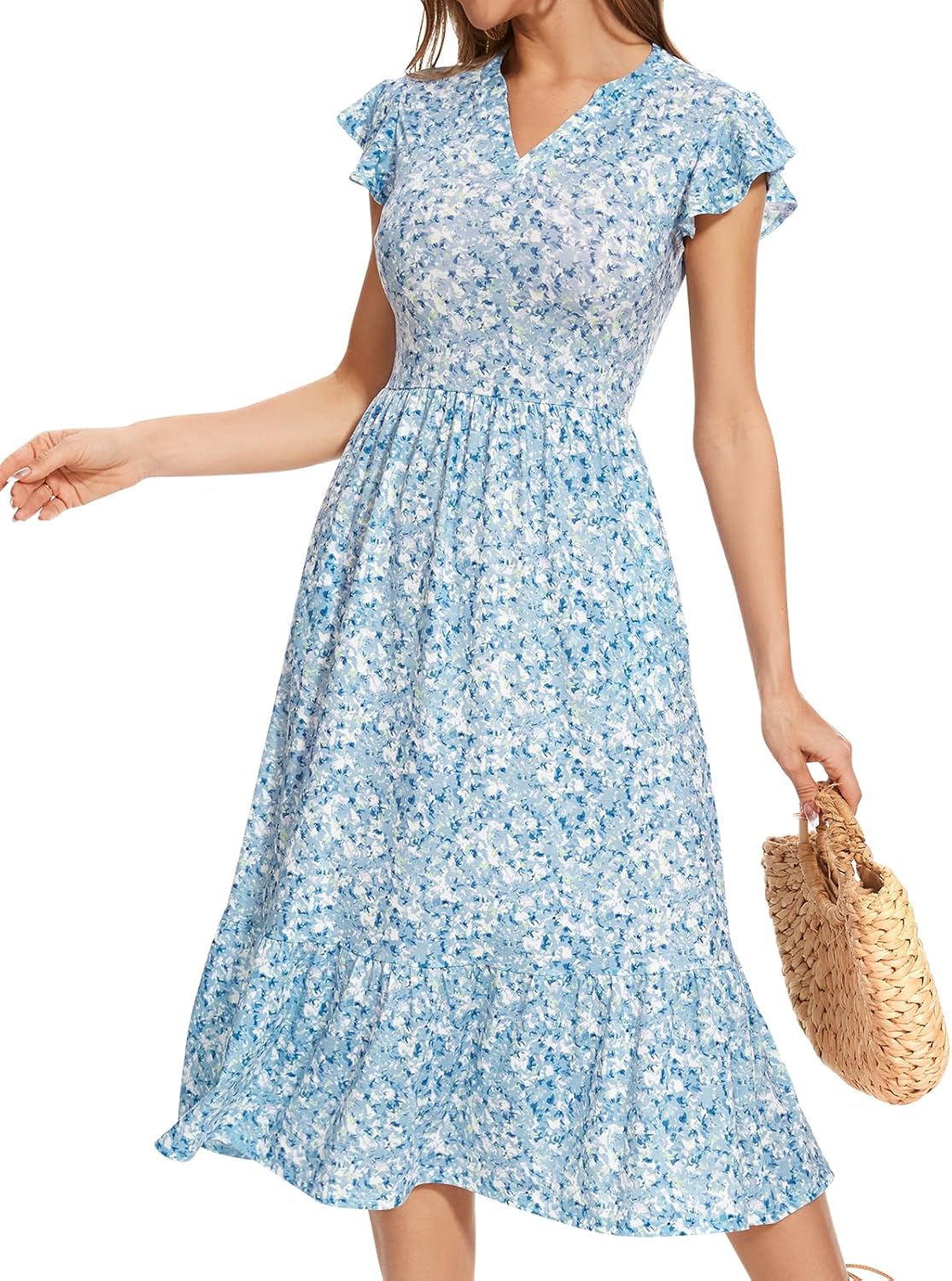 Midi Dresses for Women 2025 Casual with Pockets Ruffle Sleeve Notched Neck A Line Tiered Boho Beach Summer Sundresses