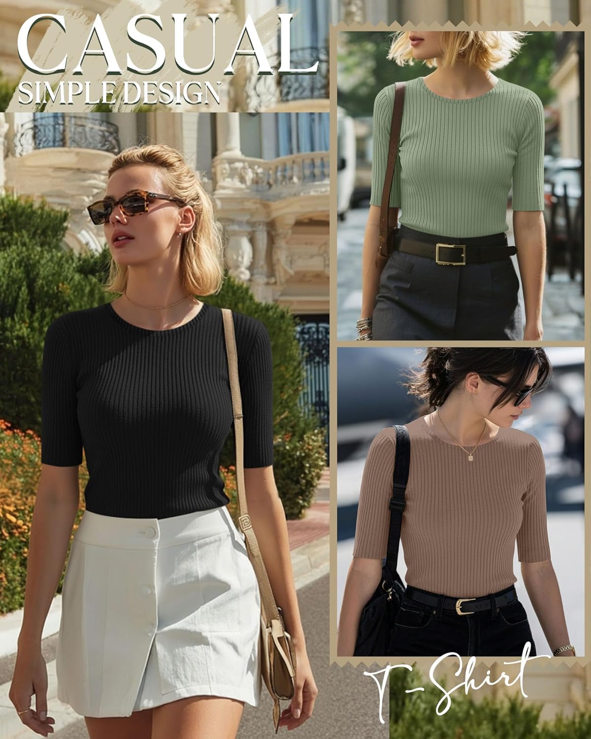 Riyiper 3 Pack Women's Half Sleeve Tops, Elbow Length Ribbed Cotton T Shirt Crew Neck Summer Tee Slim Fit Casual Blouses - Image 5