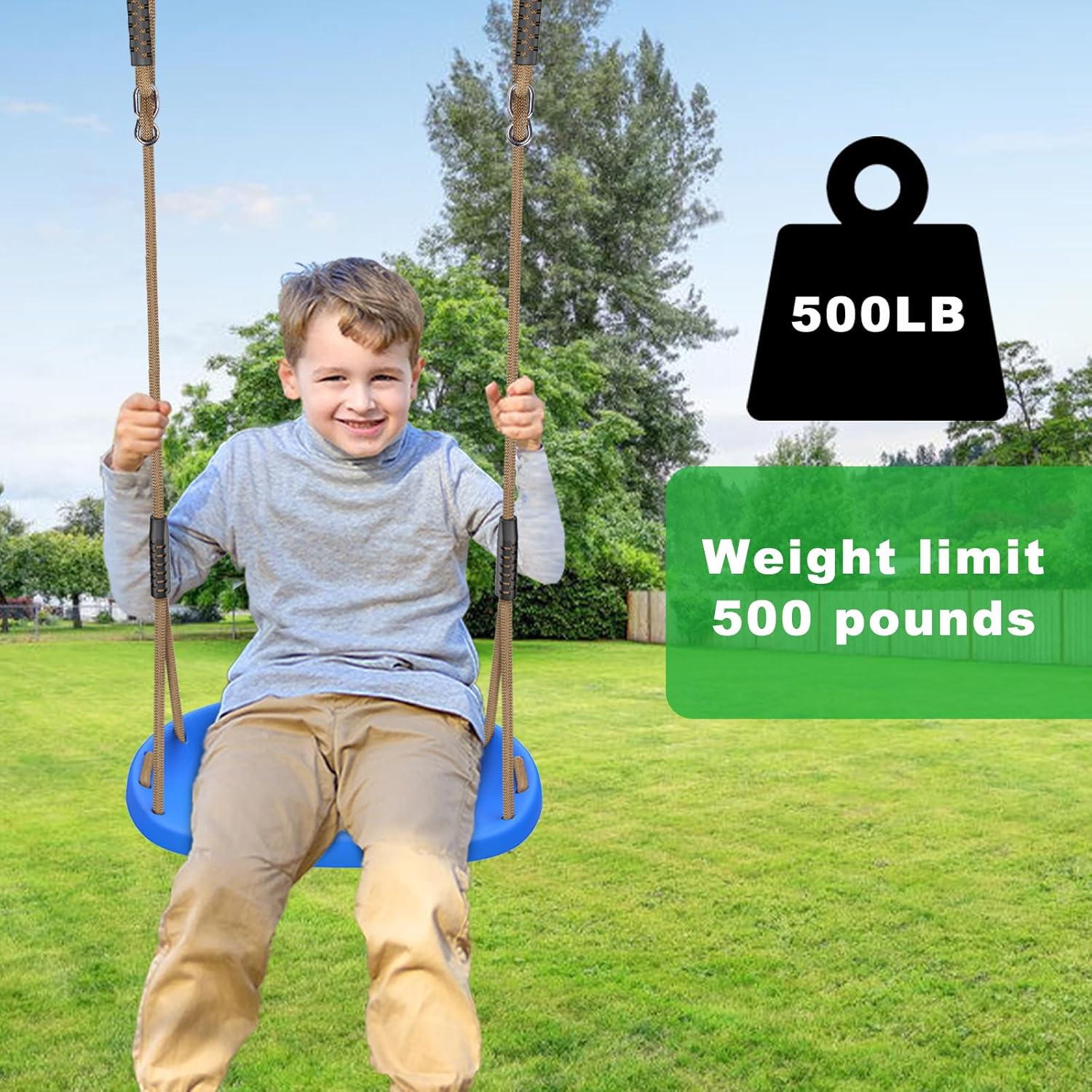 SELEWARE Plastic Swing Seat, Non Slip Tree Swing Replacement with Adjustable Rope and 2 Carabiners, Heavy Duty Playground Swing Set Accessories for Adult Kid Indoor Outdoor Backyard, Blue