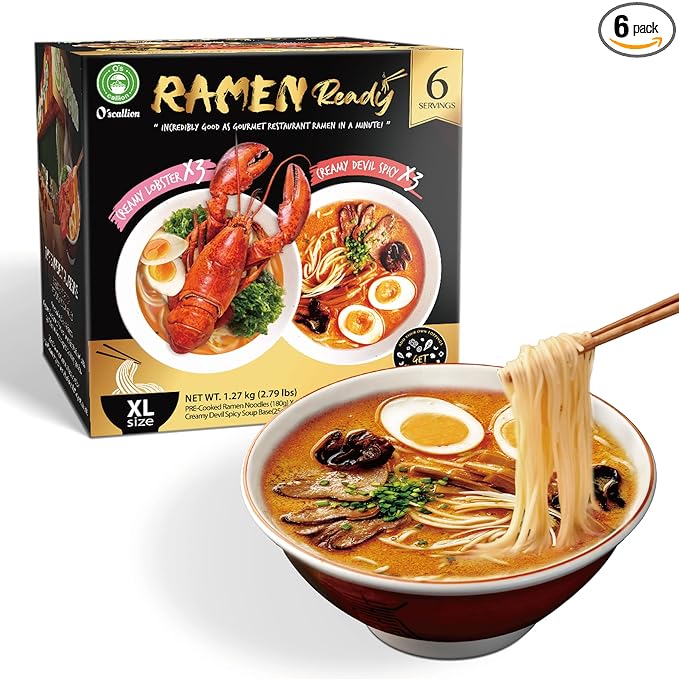 O'scallion Pack of 6 Ramen Noodles - Authentic Japanese Taste - Fresh Pre-Cooked Noodles, Rich Soup Base & Veggie Pack - Enjoy Restaurant-Style Ramen at Home in Seconds (6 Servings, Variety)