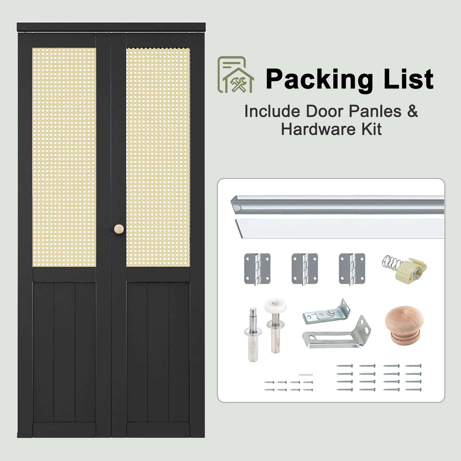 30" x 80" Rattan Bifold Closet Door, Cane Webbing Wood Interior Wicker Doors Slab, Build Quality Black Folding Barn Door (Double 78.5" High Panels & Hardware & Fascia & Knob)