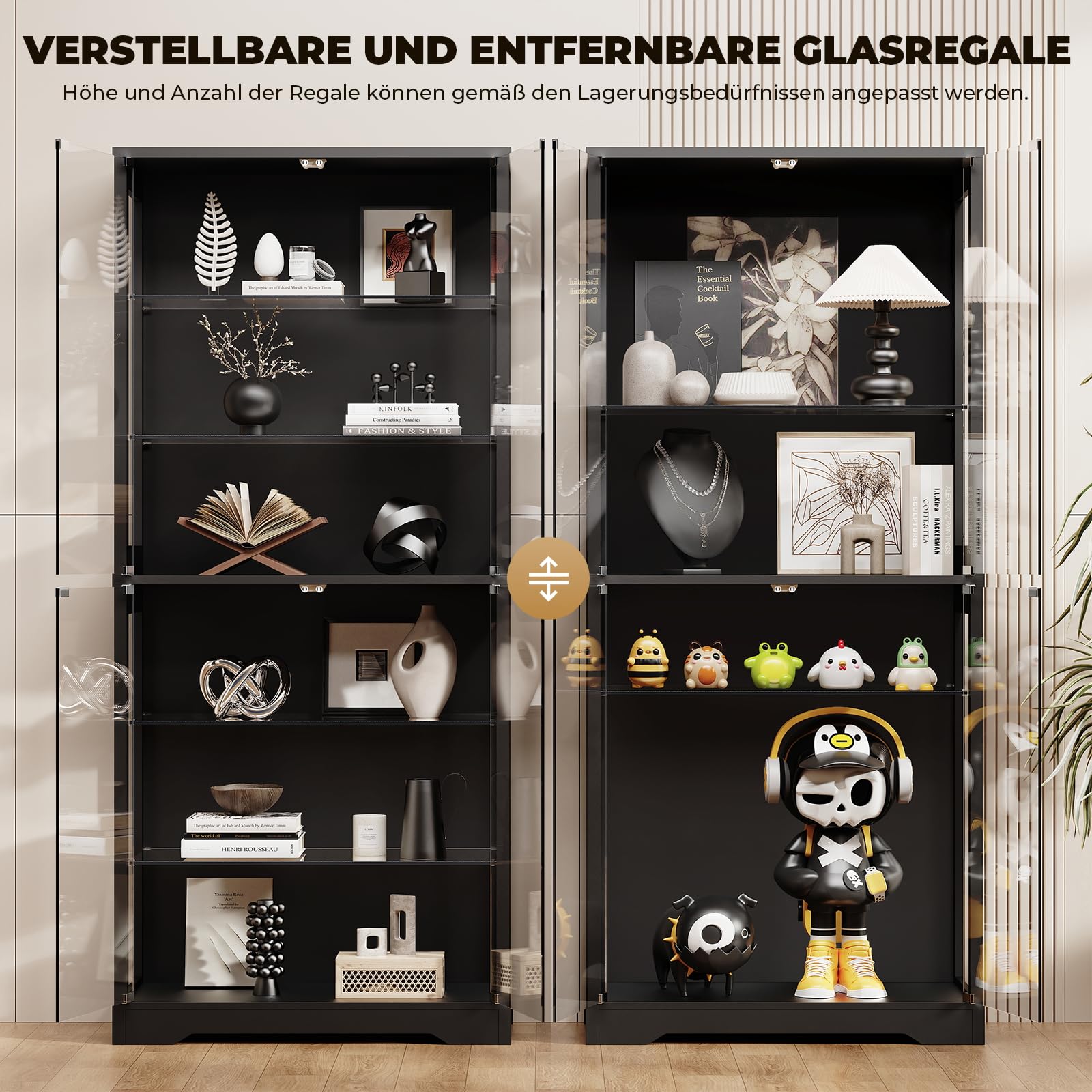 BROTTAR Vitrine mit Glastür, 6-stufige 180cm Vitrine mit 3 Farblichten für Sammlerstücke, Vitrine mit verstellbaren Glasträgern, Körperkensorsensor, Aufbewahrungsschränke, Schwarz